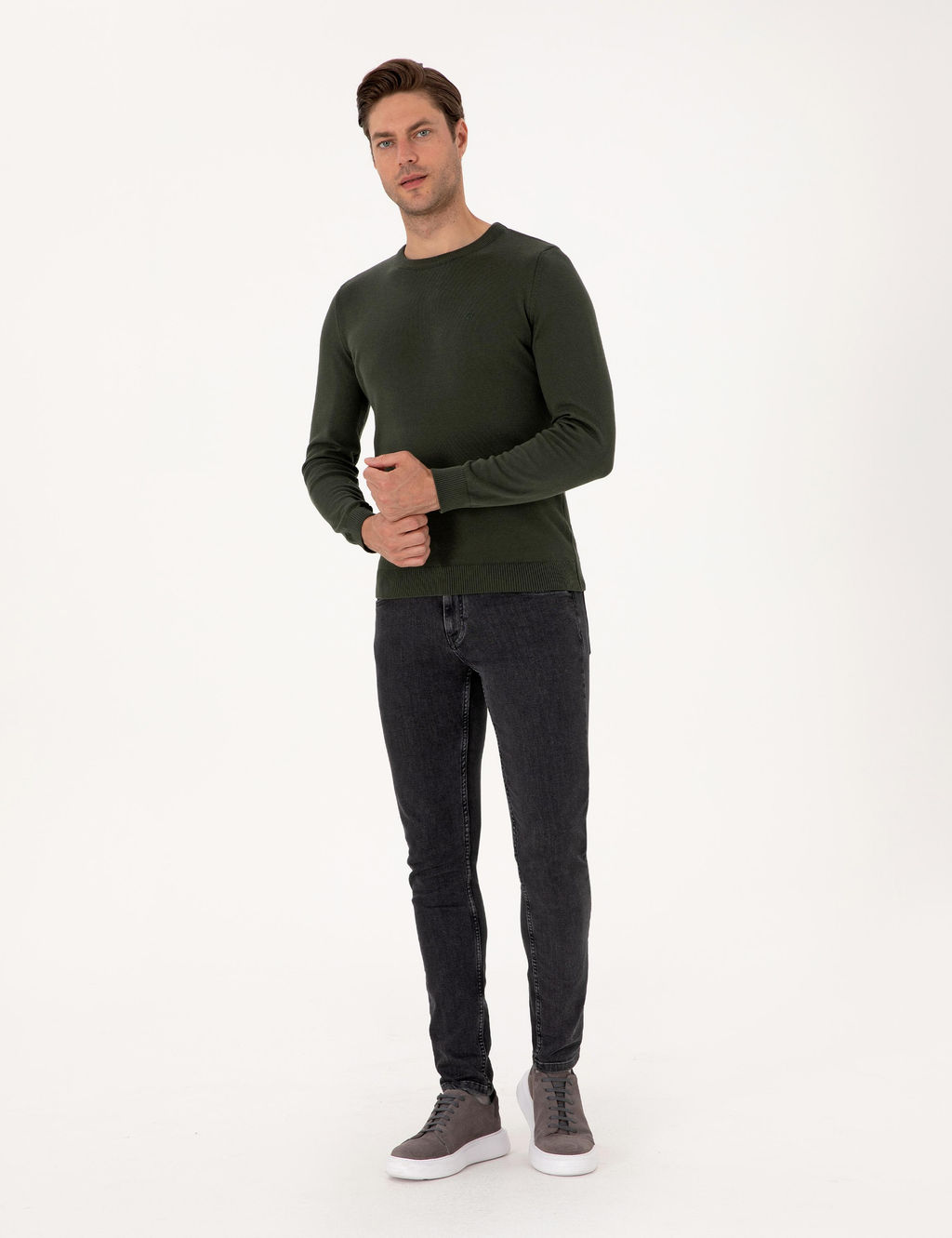 Koyu Haki Slim Fit Bisiklet Yaka Basic Triko Kazak - Pierre cardin фото 4