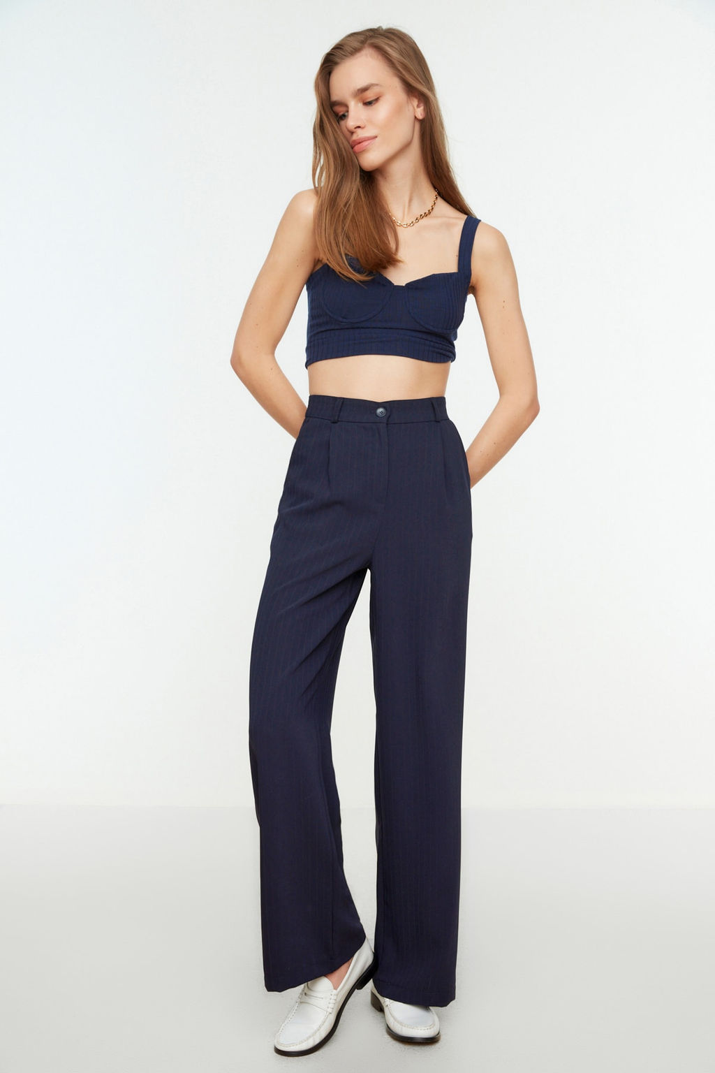 TRENDYOLMILLA Vizon Yuksek Bel Wide Leg/Genis Paca Cizgili Dokuma Pantolon TWOSS22PL0100  фото 2