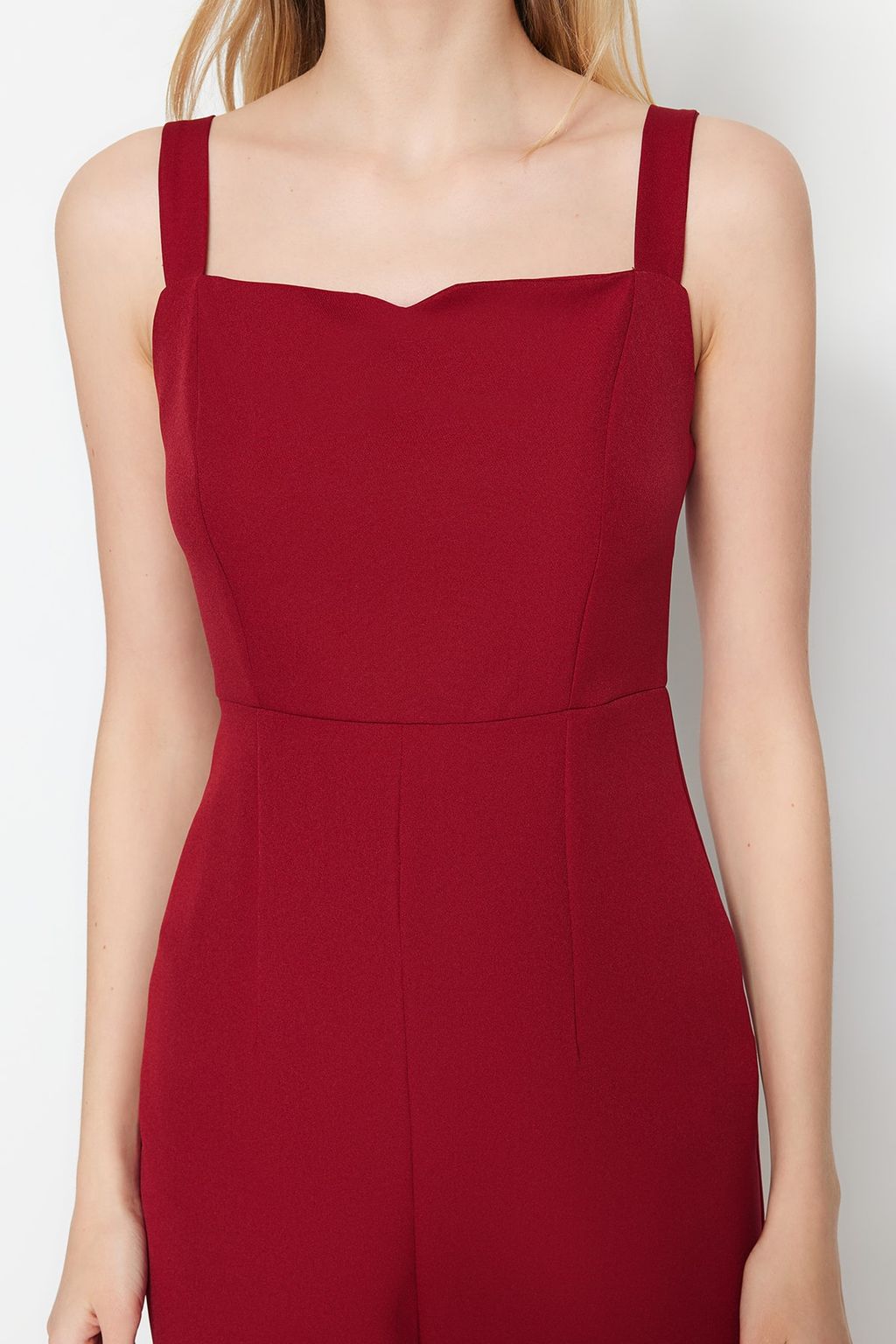 Bordo Vucudu Saran Y?rtmacl? Ask?l? Midi Kalem Etek Dokuma Elbise TWOSS19BB0216