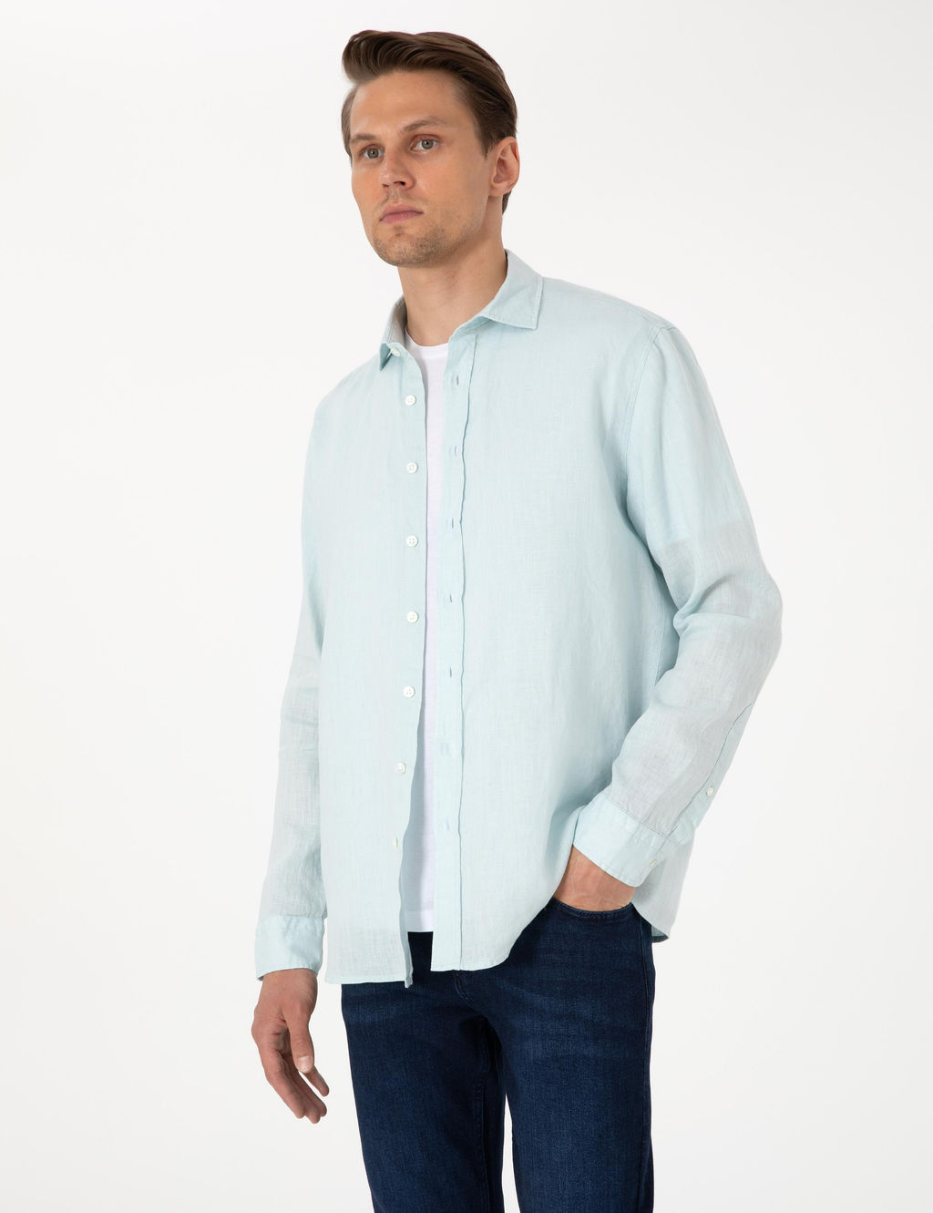 Su Ye_ili %100 Keten Regular Fit Uzunkollu G_mlek - Pierre cardin фото 10