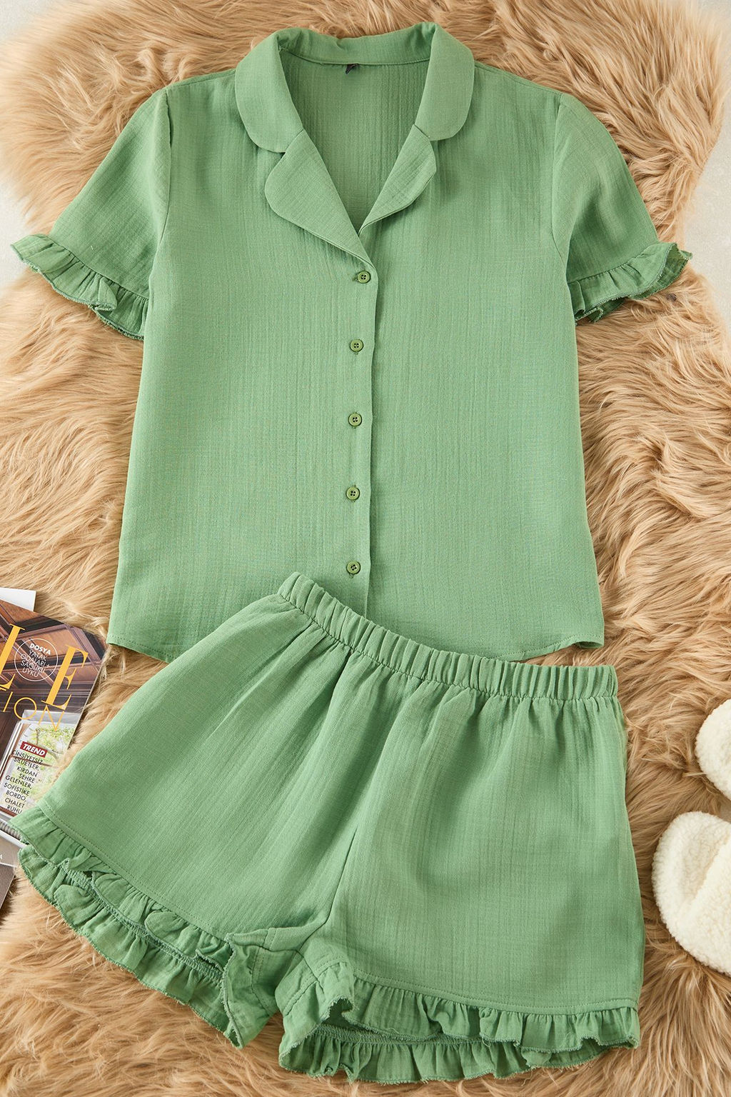 Trendyolmilla Yesil %100 Pamuklu F?rf?rl? Muslin Sortlu Dokuma Pijama Tak?m? THMSS25PT00034  фото 9