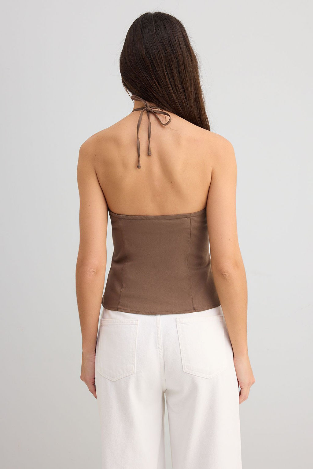 Ac?k Kahverengi Pamuklu Ince Gabardin Halter Yaka Dokuma Bluz TWOSS25BZ00536