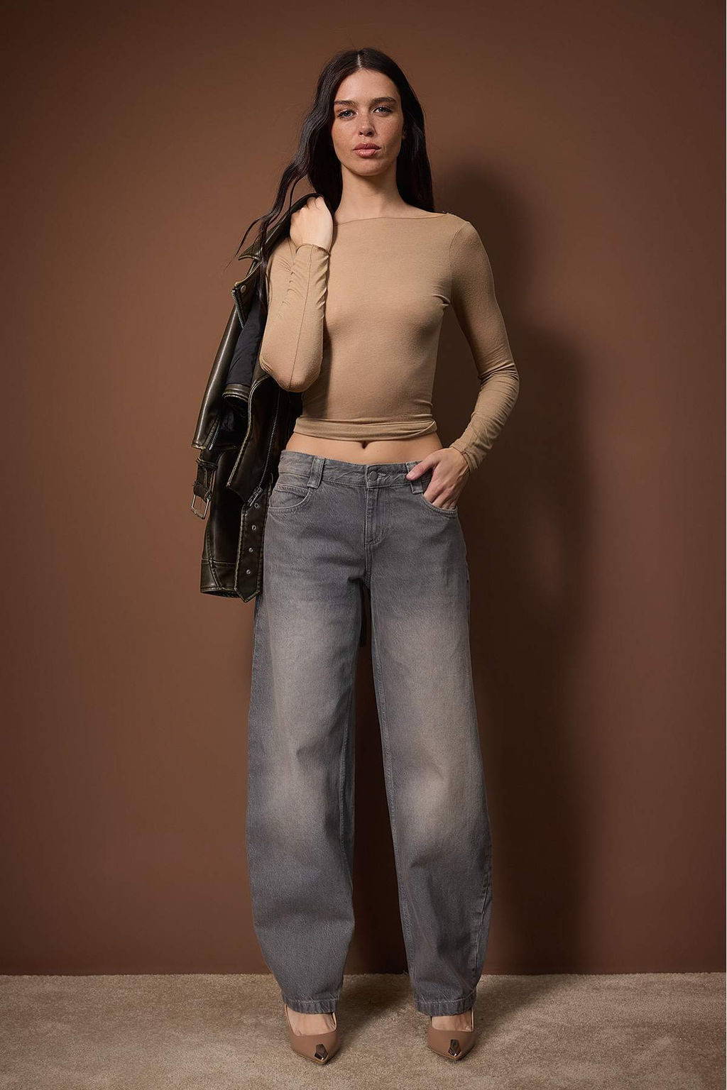 Gri Dusuk Bel Baggy Jeans TWOAW26JE00303