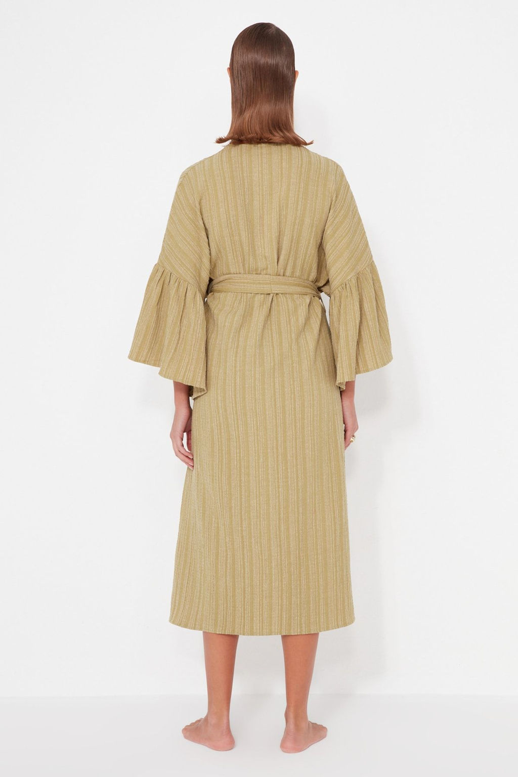 Haki Kusakl? Maxi Dokuma Volanl? Keten Kar?s?ml? Plaj Kimono&Kaftan TBESS23KM00028