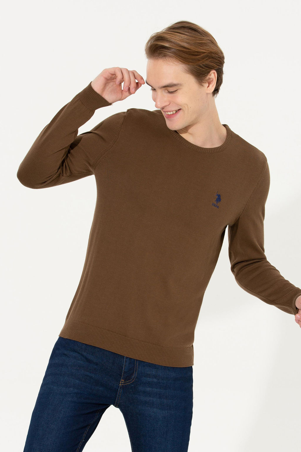 U. S. Polo Assn / Мужской базовый трикотажный свитер кокосового цвета с круглым вырезом - U.s. polo assn фото 3