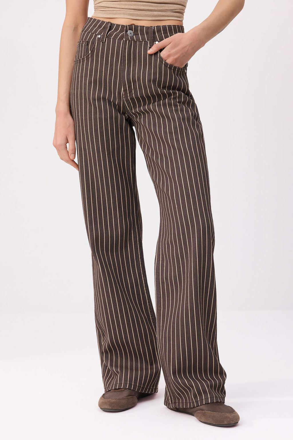 Kahverengi Cizgili Yuksek Bel %100 Pamuk Wide Leg Jeans TWOSS26JE00305 - Trendyolmilla фото 3