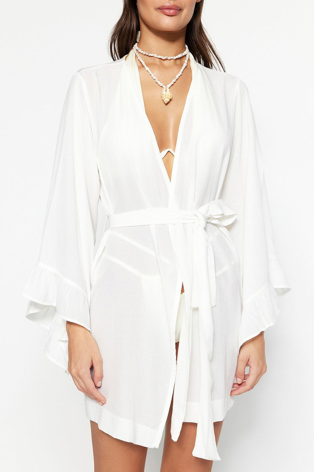 Ekru Kusakl? Dokuma Volanl? Mini Plaj Kimono&Kaftan TBESS21KM0002