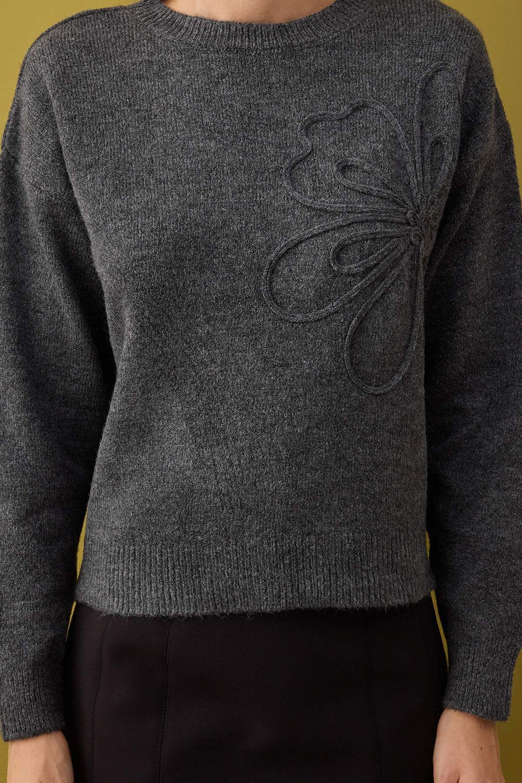 Antrasit Yumusak Dokulu Cicek Desen Islmeli Triko Kazak TWOAW26KZ00110