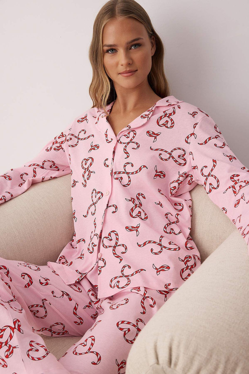 Pembe %100 Pamuklu Kalpli Y?lbas? Desenli Gomlek Yaka Orme Pijama Tak?m? THMAW26PT00064 - Trendyolmilla фото 8