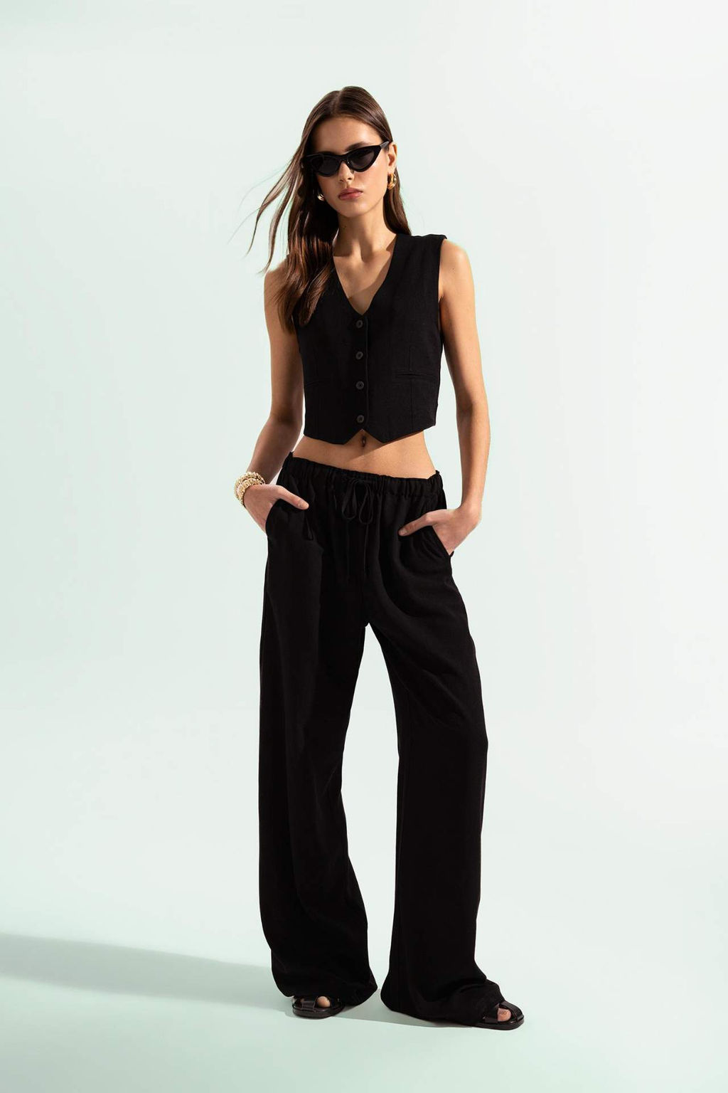 Wide Leg Genis Bol Paca Uc Cepli Normal Bel Basic Duz Standart Boy Keten Kar?s?ml? Pantolon - Defacto фото 2