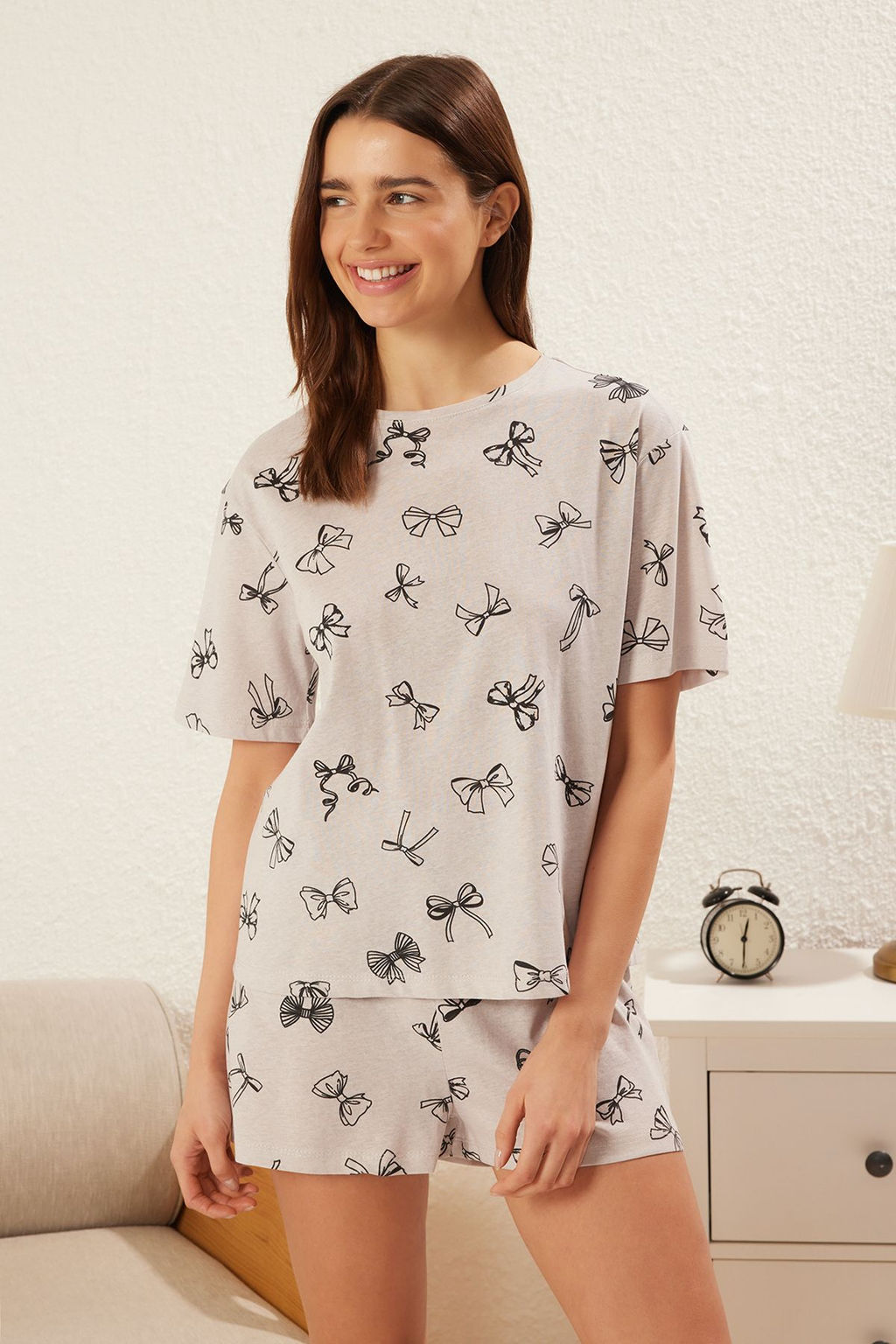 Trendyolmilla Pembe %100 Pamuklu Kurdele/Fiyonklu Sortlu Orme Pijama Tak?m? THMSS25PT00238  фото 2