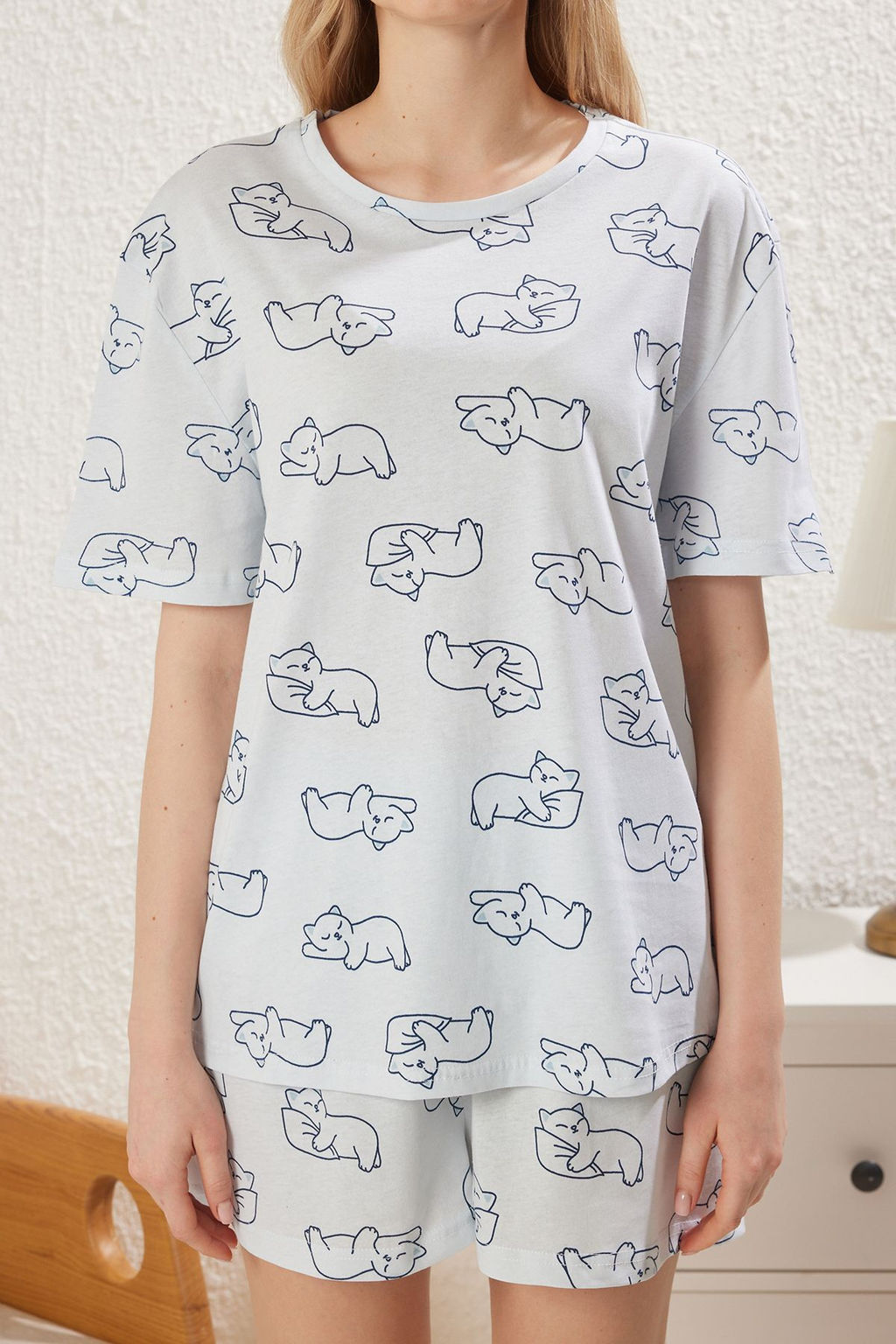 Trendyolmilla Mavi %100 Pamuklu Kedili Sortlu Orme Pijama Tak?m? THMSS25PT00249 фото 8