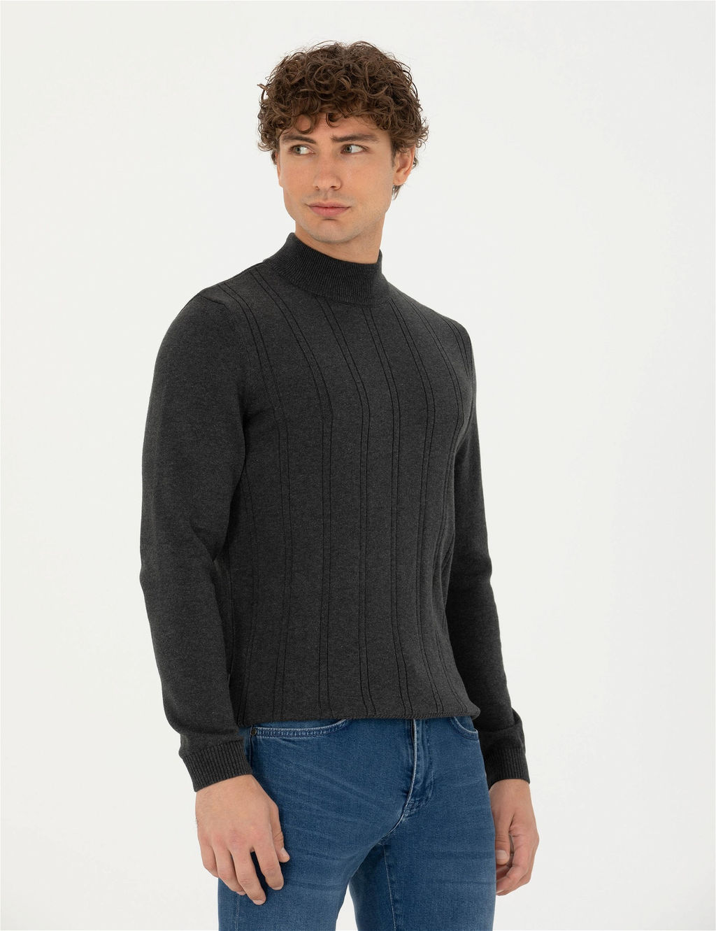 Antrasit Melanj Slim Fit Yar_m Bal_k__ Yaka Triko Kazak - Pierre cardin фото 3