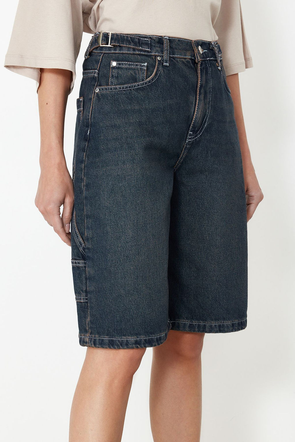 Koyu Mavi Bel Detayl? Yuksek Bel Denim Bermuda TWOSS24SR00173 - Trendyolmilla фото 5