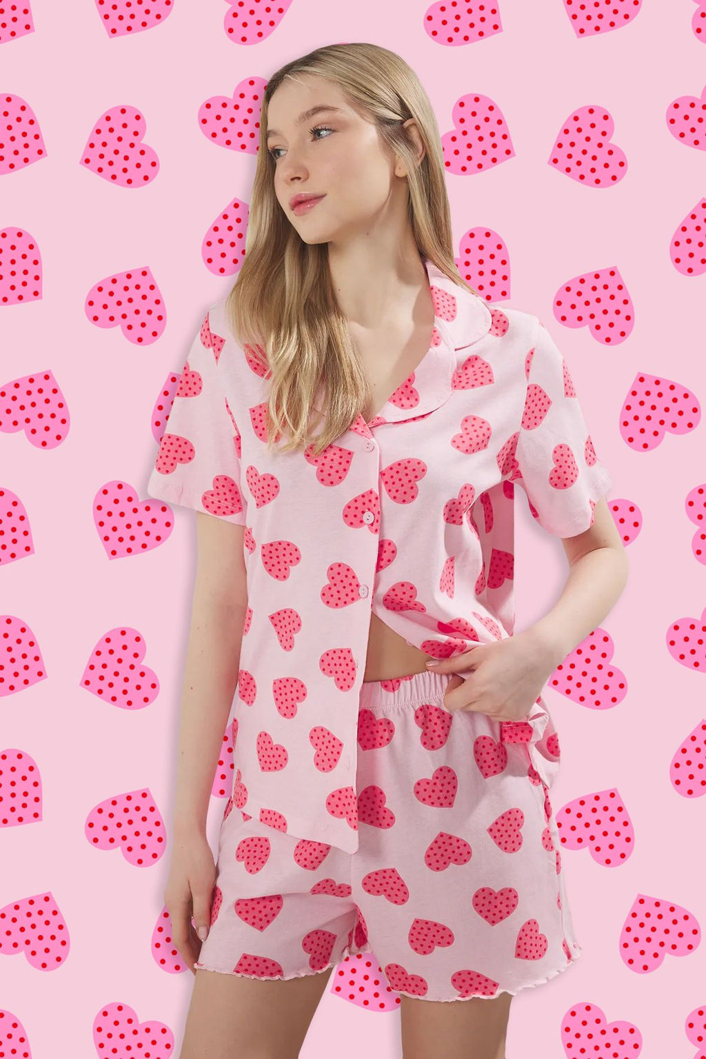 Pembe %100 Pamuklu Kalpli Puantiyeli Sortlu Orme Pijama Tak?m? THMSS25PT00301
