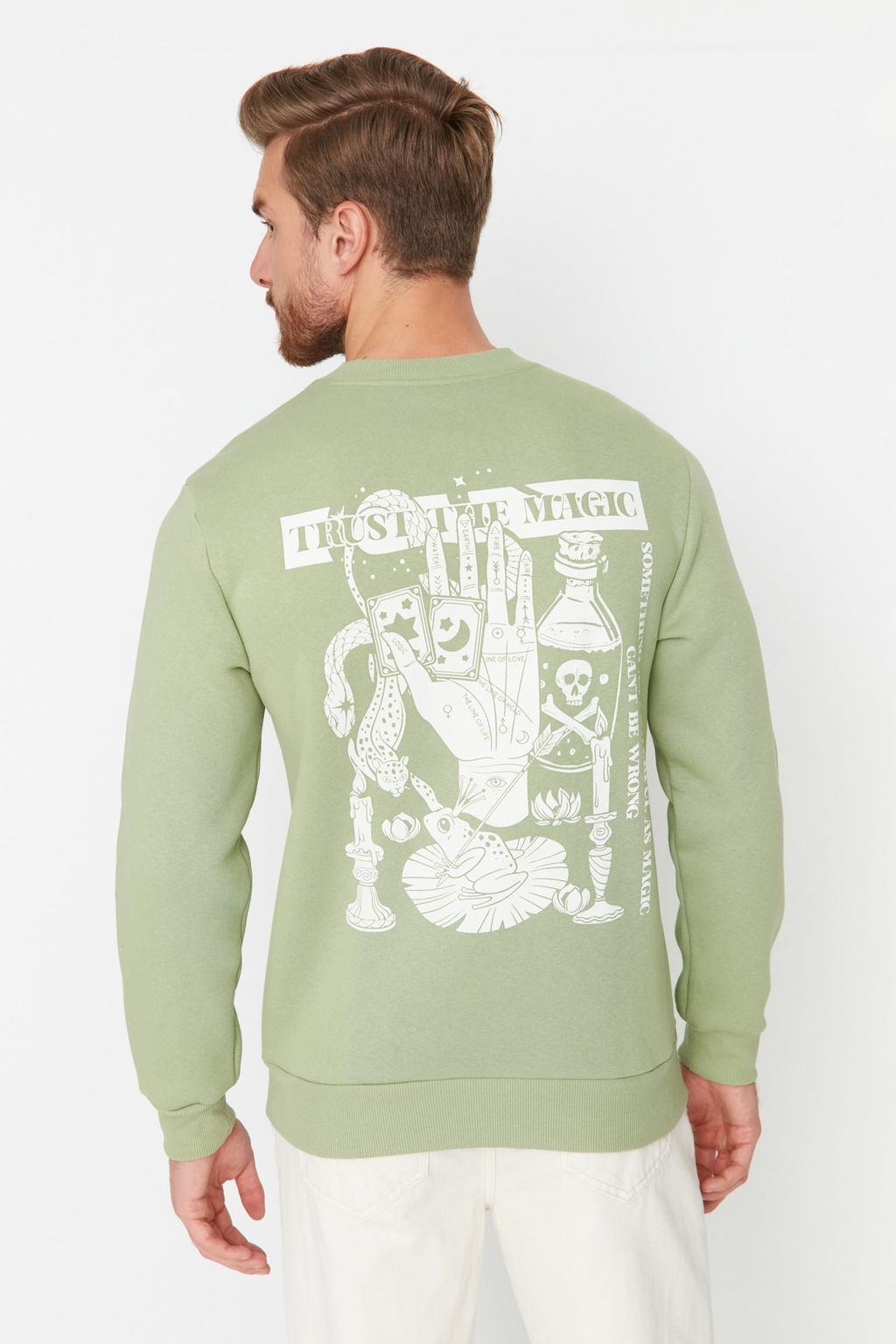 Yesil Bisiklet Yaka Regular/Normal Kesim Mistik Bask?l? Ici Polarl? Sweatshirt TMNAW23SW00303