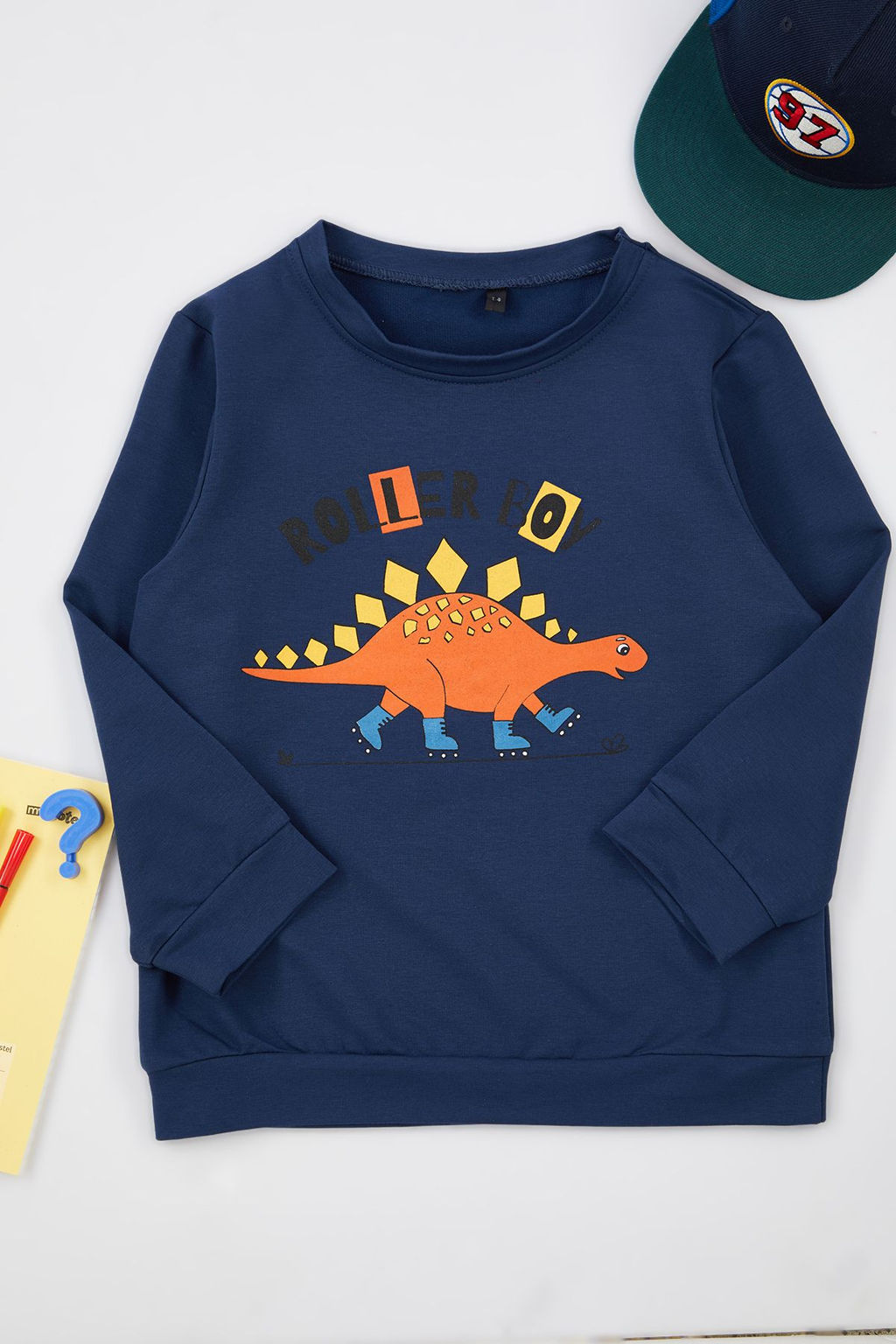 Indigo Erkek Cocuk Mevsimlik-Ince Dinozor Desenli Bisiklet Yaka Orme Sweatshirt TKDAW25SW00005
