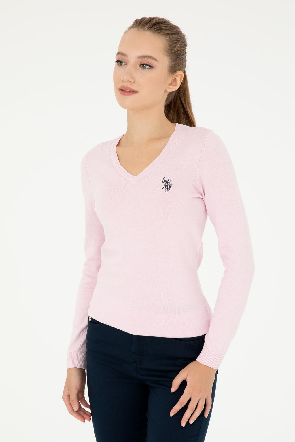 Женский розовый базовый свитер с v-образным вырезом Неожиданная скидка в корзине - U.s. polo assn фото 8