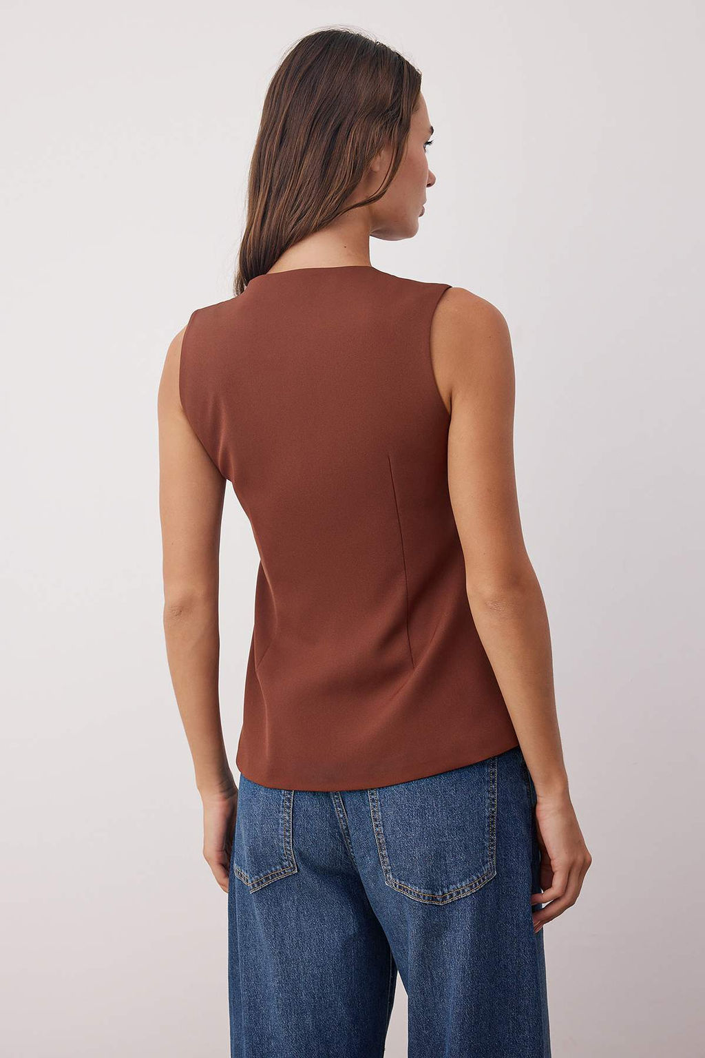 Kahverengi Gold Dugmeli Fitted/Bele Oturan Dokuma Yelek TWOAW26YE00047