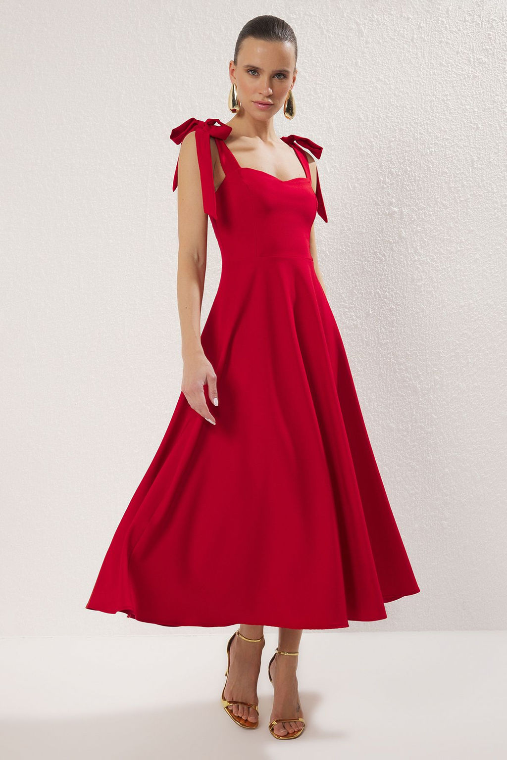 K?rm?z? A-Kesim Ask? Baglama Detayl? Dokuma Midi S?k Abiye Gece Mezuniyet Elbisesi TPRSS24EL00251