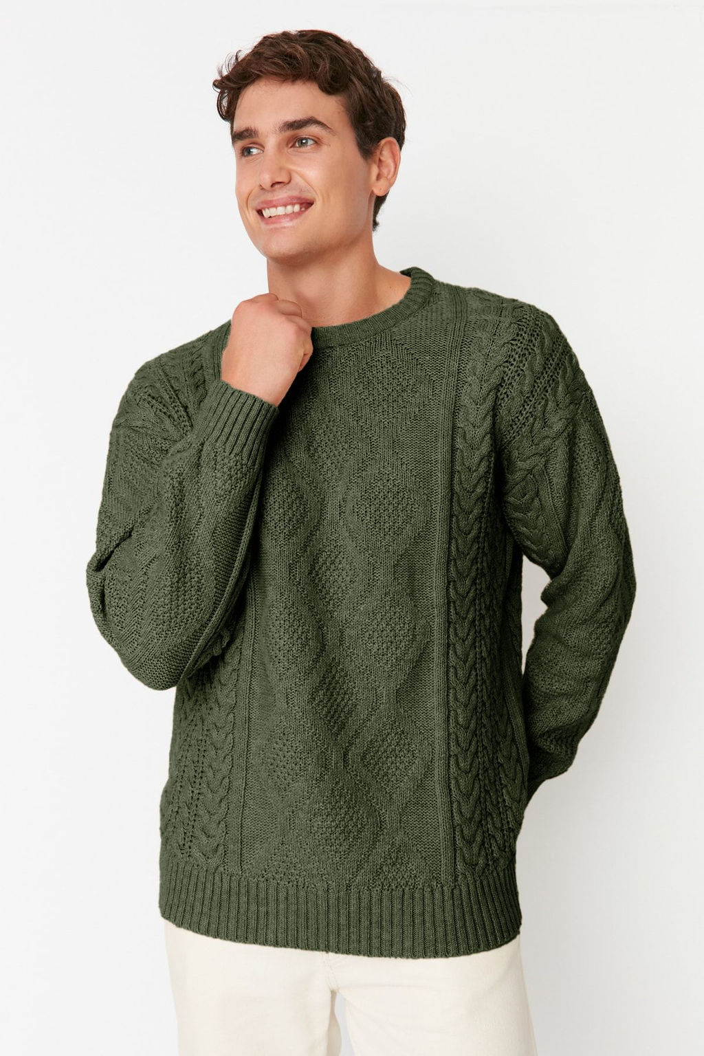 TRENDYOL MAN Beyaz Oversize Genis Kal?p Bisiklet Yaka Sac Orgulu Triko Kazak TMNAW23KZ00280 - Trendyolmilla фото 5