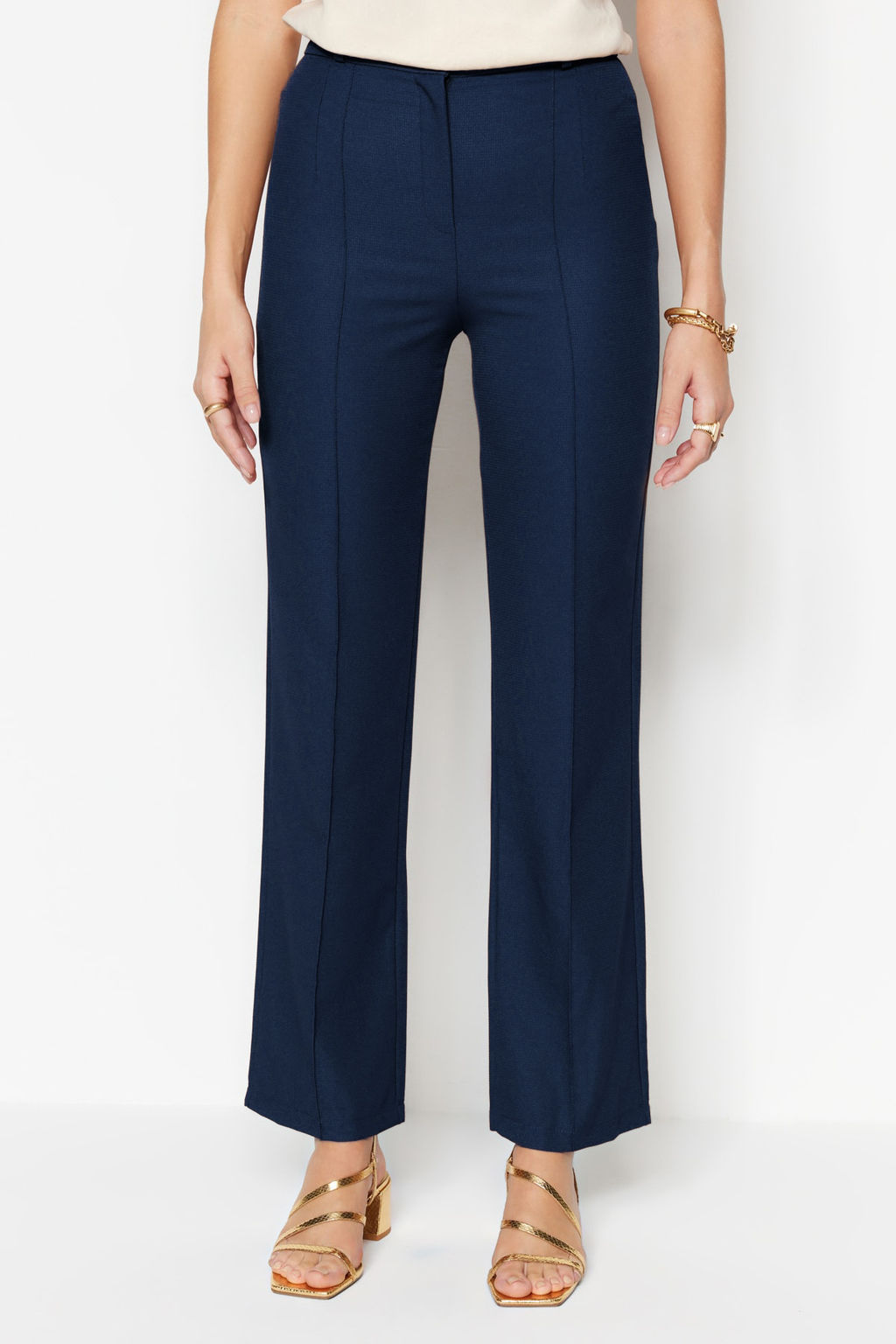 Lacivert Straight/Duz Kesim Yuksek Bel Nervur Dikisli Dokuma Pantolon TWOSS21PL0093