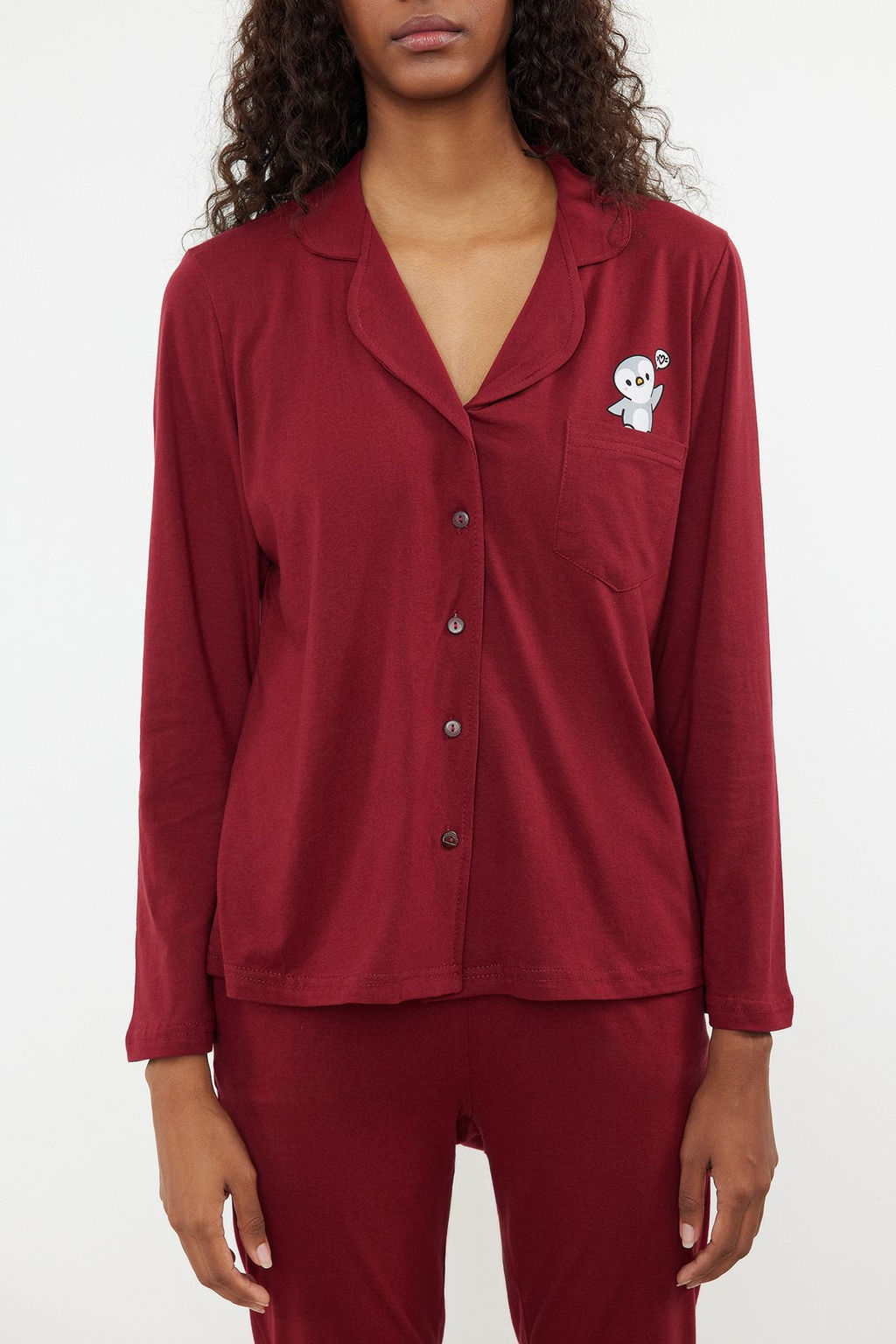 Trendyolmilla Bordo %100 Pamuklu Penguen Bask?l? Orme Pijama Tak?m? THMAW23PT00151