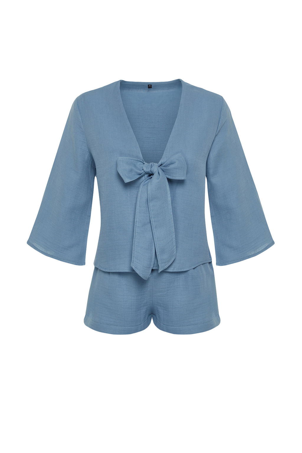 Mavi %100 Pamuklu Baglama/Kurdele/Fiyonk Detayl? Muslin Sortlu Dokuma Pijama Tak?m? THMSS24PT00077