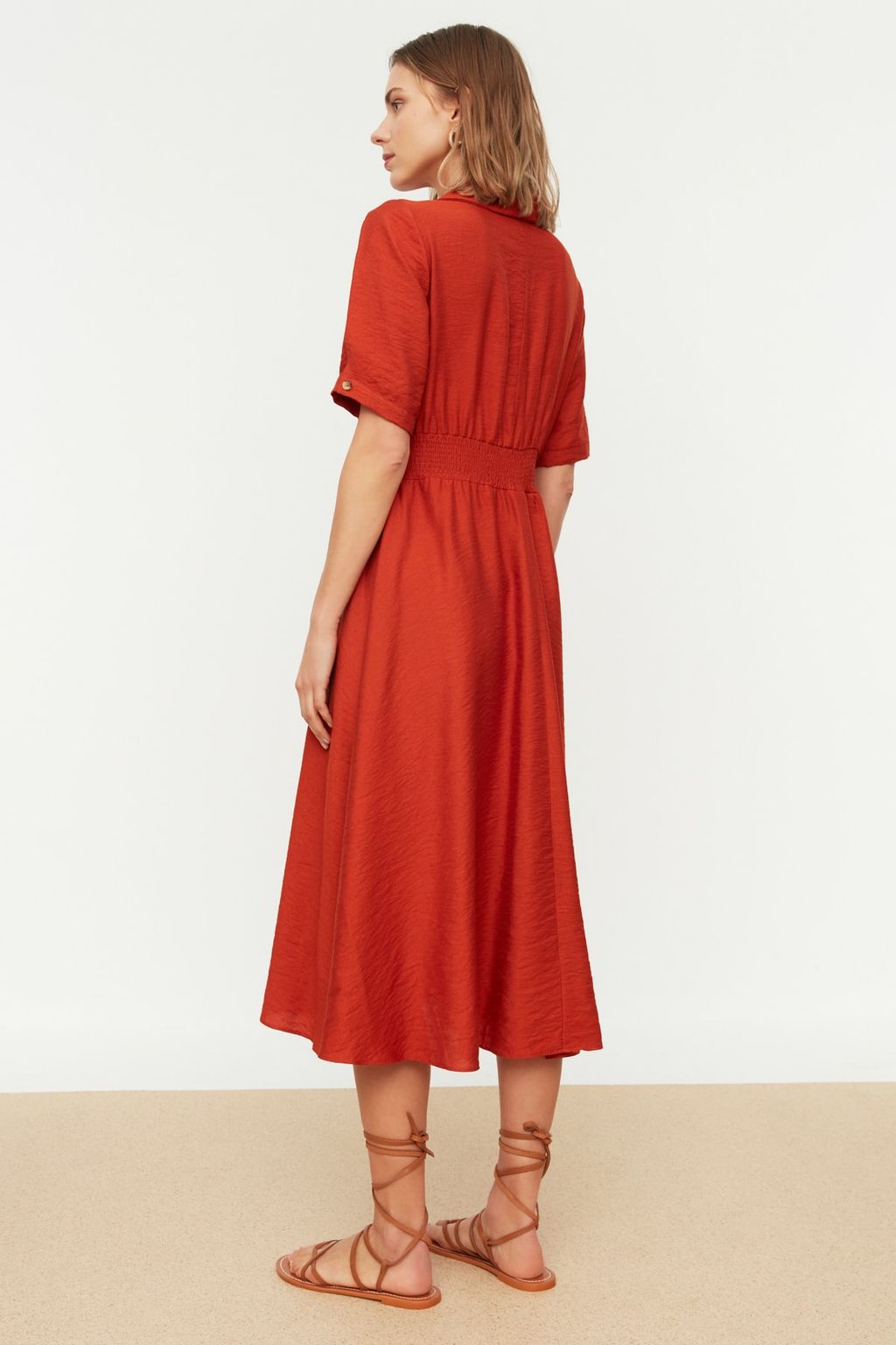 Turuncu A Kesim Gomlek Yaka Gipeli Midi Dokuma Elbise TWOSS21EL1023