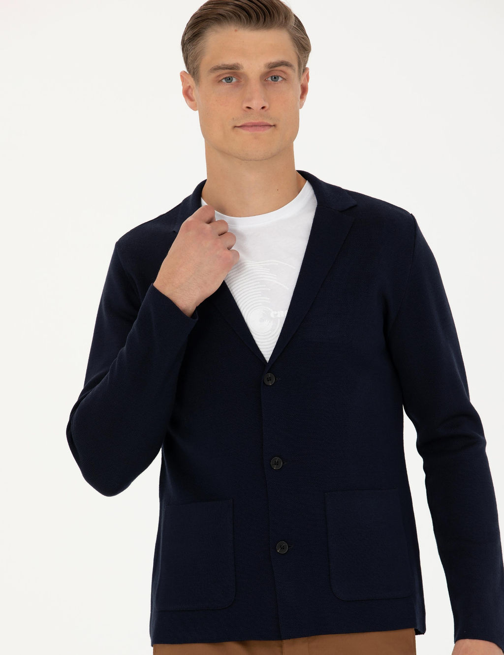 Темно-синий трикотажный кардиган приталенного кроя с v-образным вырезом темно-синего цвета - Cacharel фото 3