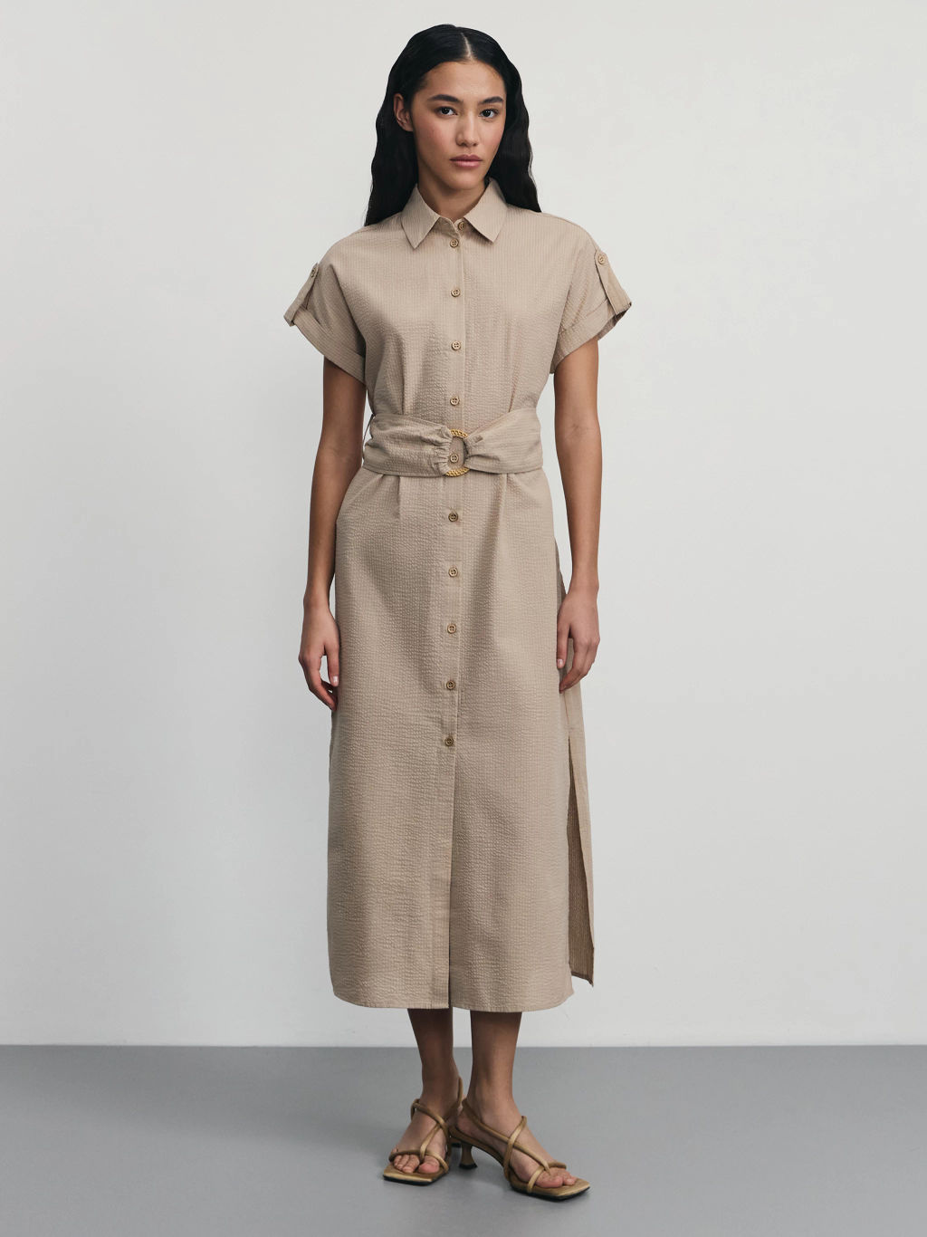 Платье миди из фактурной ткани на поясе / Zarina  фото 3