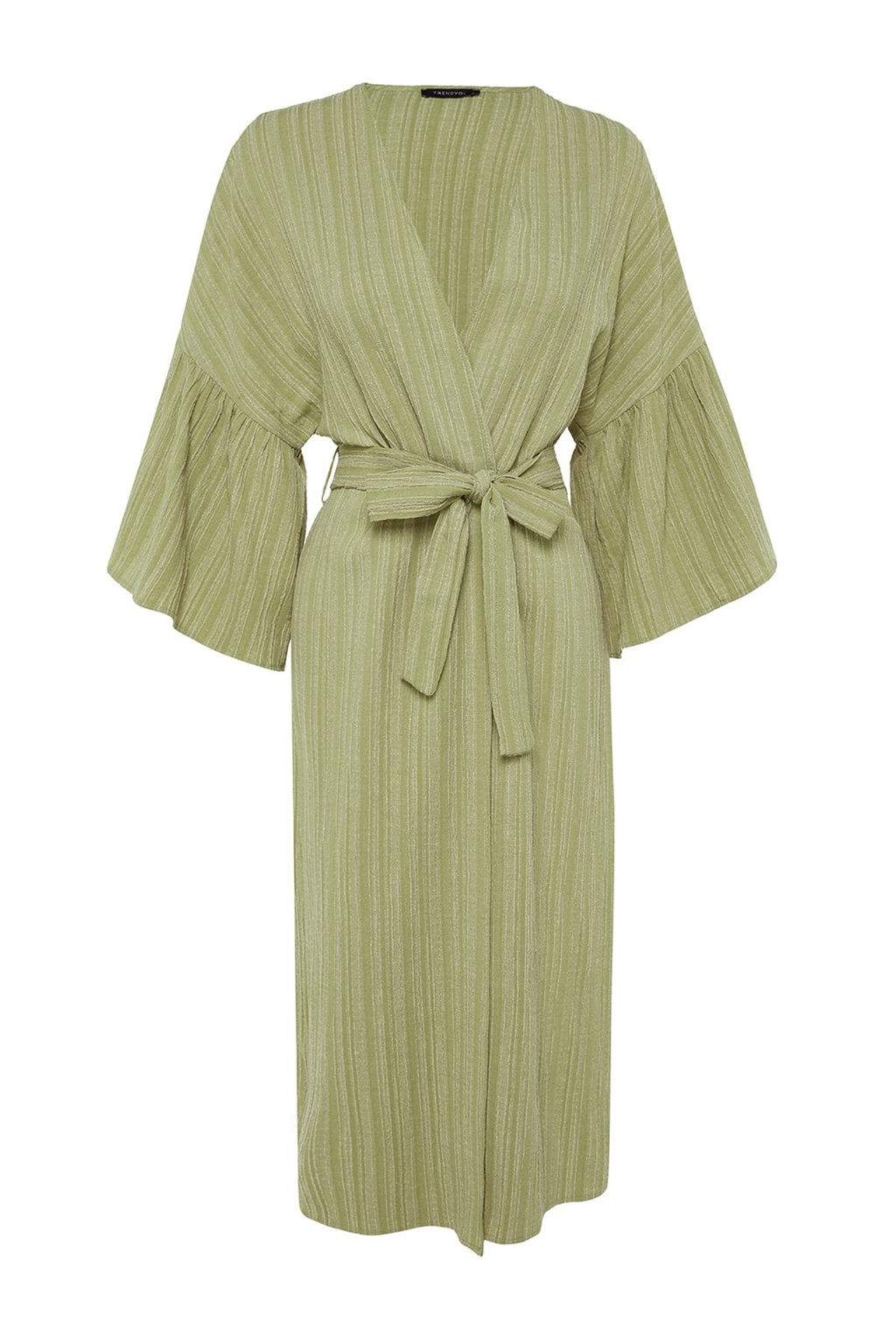 Haki Kusakl? Maxi Dokuma Volanl? Keten Kar?s?ml? Plaj Kimono&Kaftan TBESS23KM00028