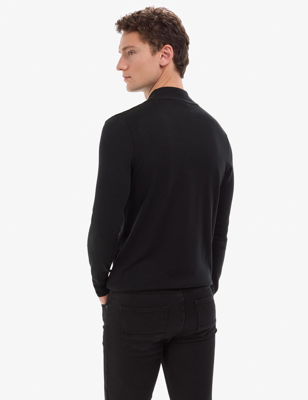 Siyah Slim Fit Yar_m Bal_k__ Yaka Basic Triko Kazak