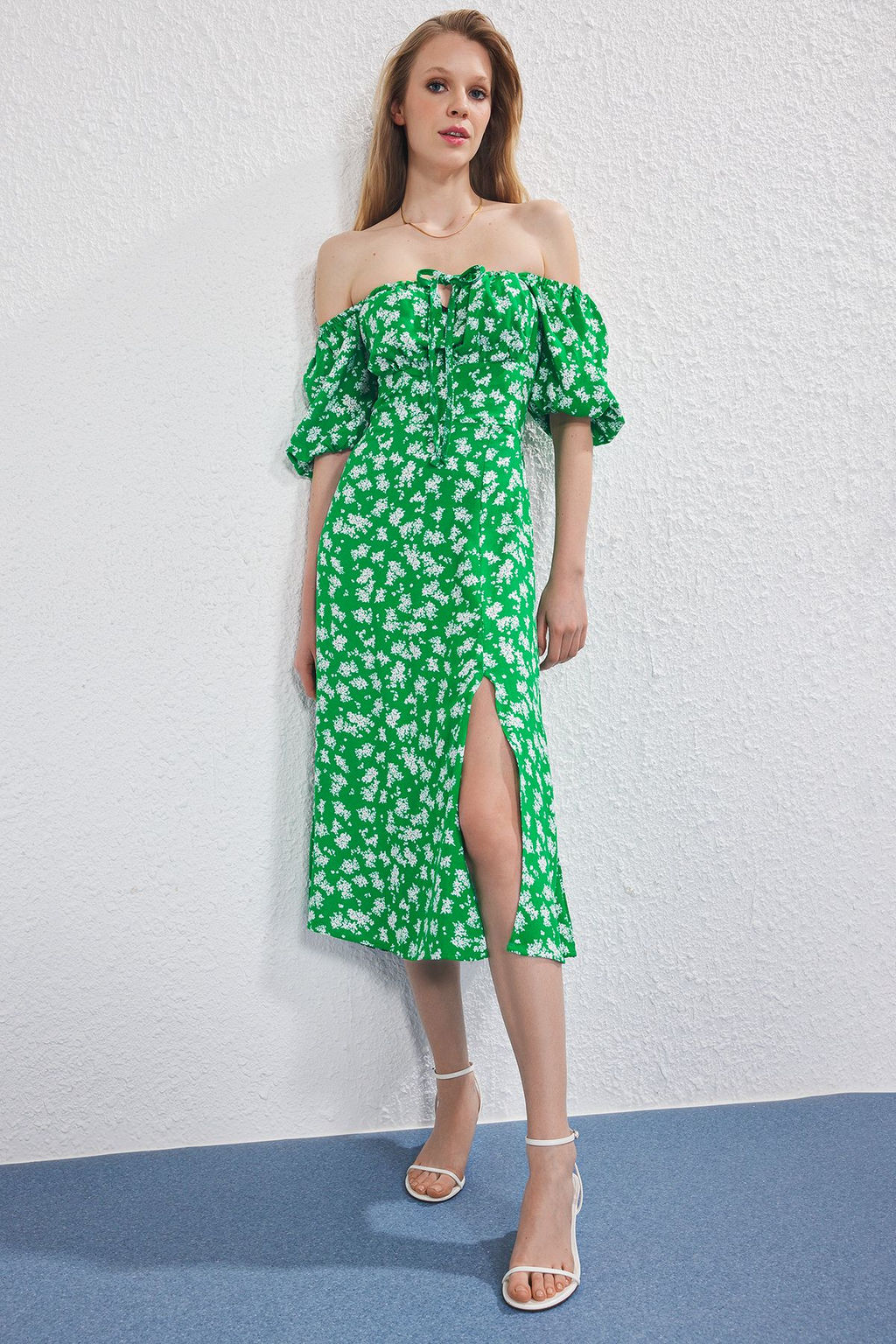 Yesil Cicekli Midi Dokuma Elbise TWOSS25EL00763 - Trendyolmilla фото 2