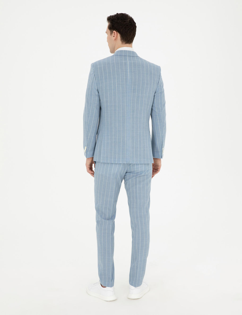 A__k Mavi Ekstra Slim Fit _izgili Y_n Tak_m Elbise