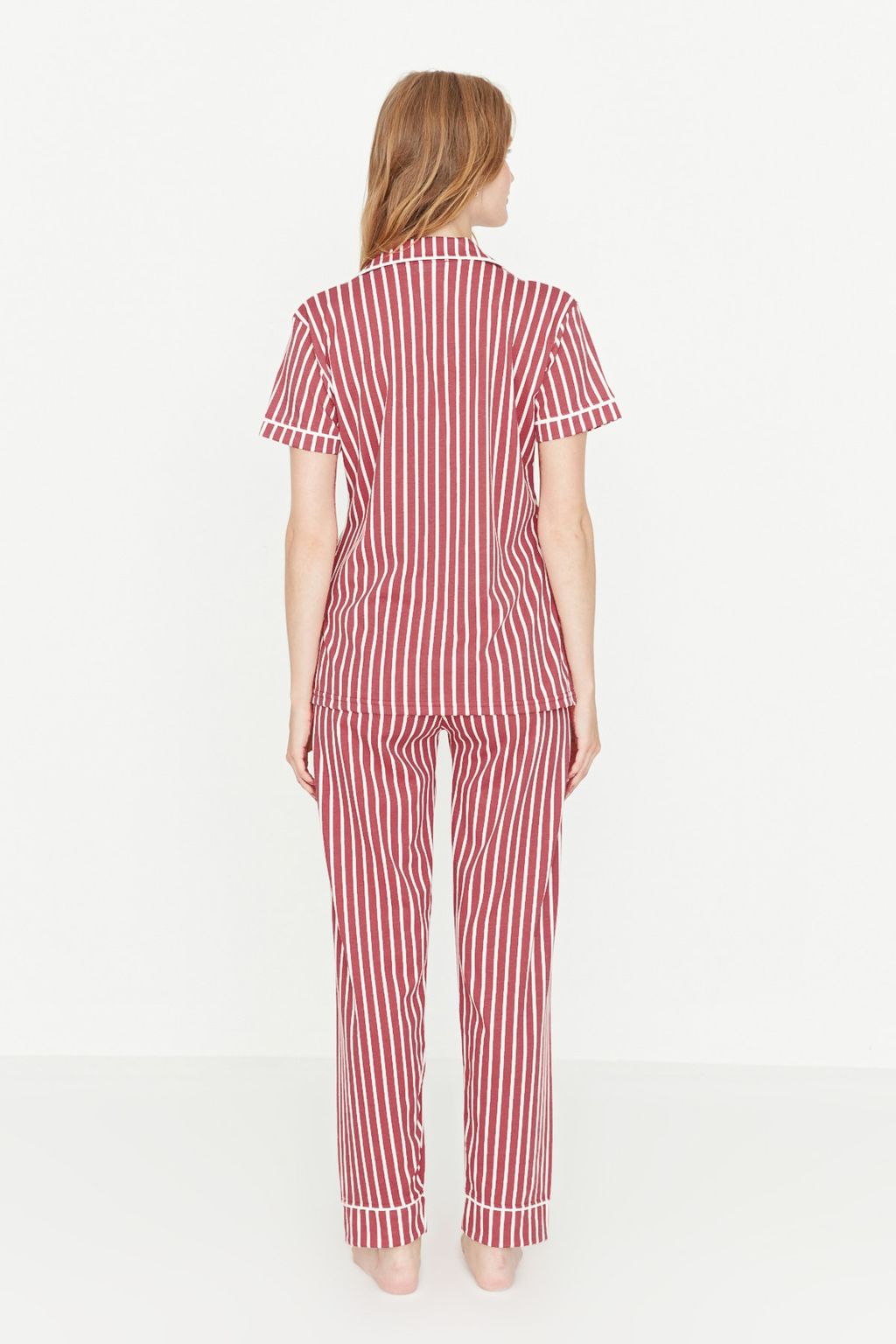 Trendyolmilla Pembe Cizgili Hayvan Bask?l? Gomlek-Pantolon Orme Pijama Tak?m? THMSS21PT0878