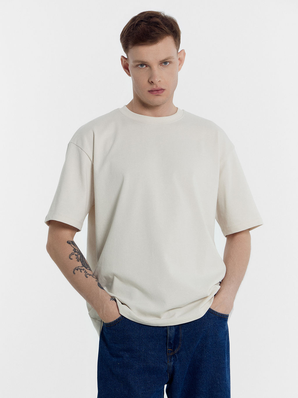 Футболка мужская бежевая с печатью белый песок +печать 111882