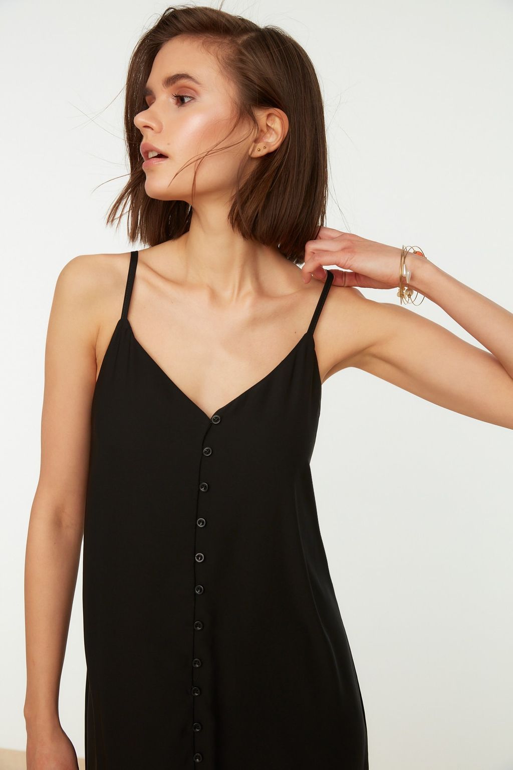 Siyah Ask?l? Dugmeli A Kesim Midi Dokuma Elbise TWOSS21EL1990 - Trendyolmilla фото 3