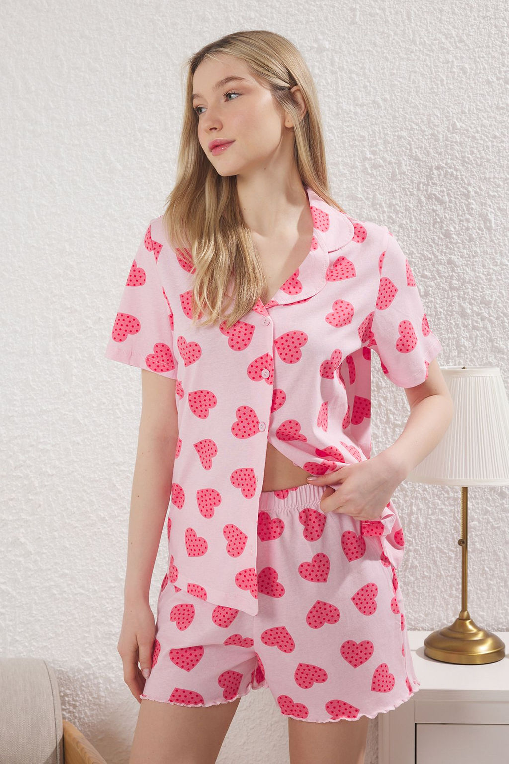 Pembe %100 Pamuklu Kalpli Puantiyeli Sortlu Orme Pijama Tak?m? THMSS25PT00301