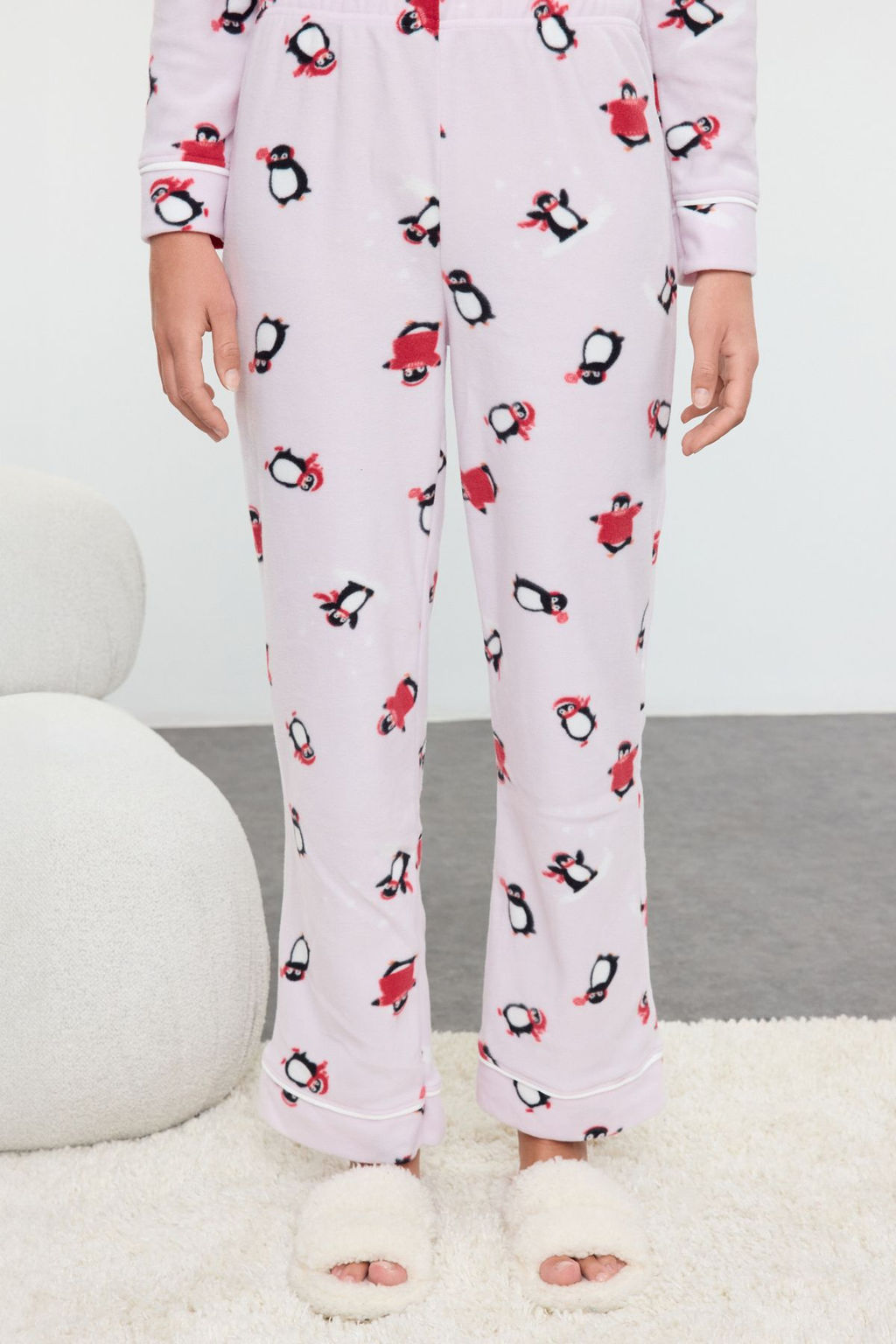 Pembe Penguen Desenli Biye Detayl? Polar K?sl?k Orme Pijama Tak?m? THMAW25PT00029