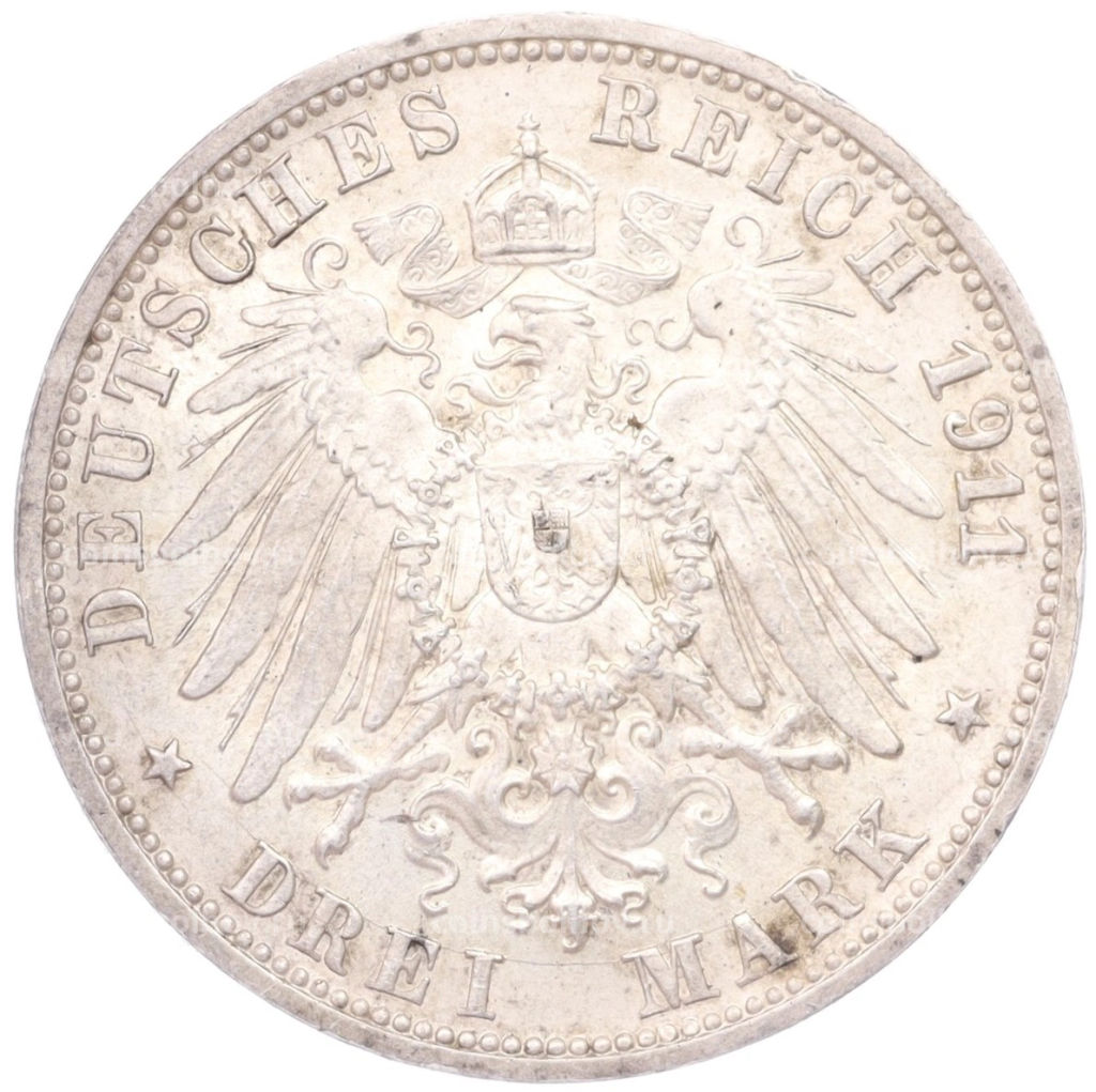 3 марки 1911 года F Германия (Вюртемберг) 25 лет свадьбе Вильгельма II и Шарлотты