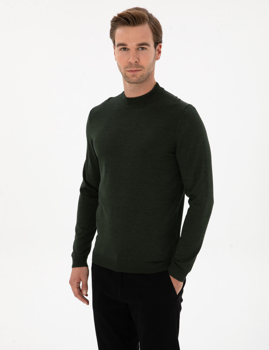Koyu Ye_il Slim Fit Y_n Kar___ml_ _eyrek Bal_k__ Basic Triko Kazak