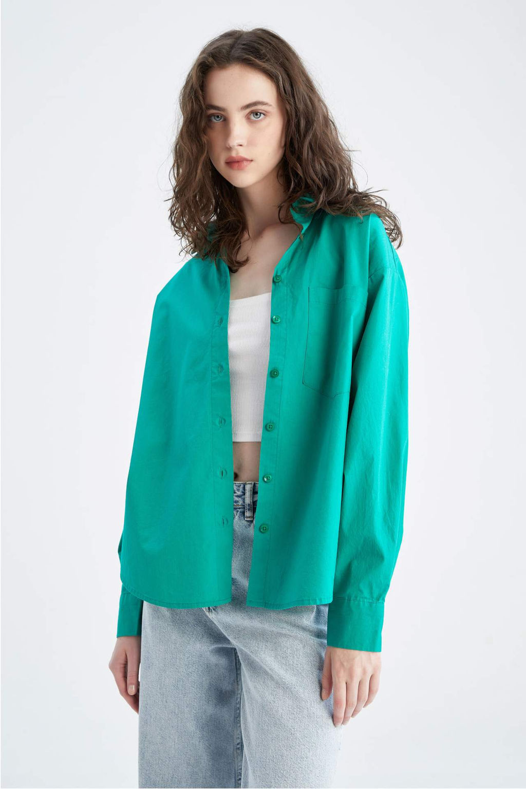 Oversize Genis Kal?p Basic Duz Dugmeli Poplin Uzun Kollu Gomlek - Defacto фото 2