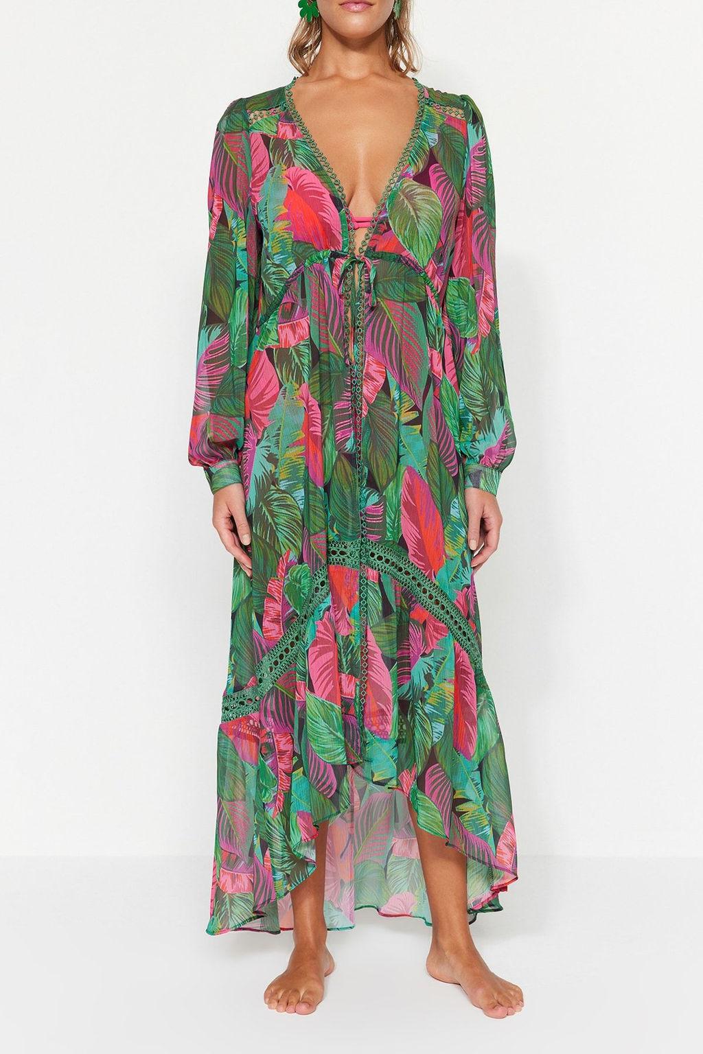 Tropikal Desenli Maxi Dokuma Serit Aksesuarl? Sifon Plaj Kimono&Kaftan TBESS23KM00002 - Trendyolmilla фото 5