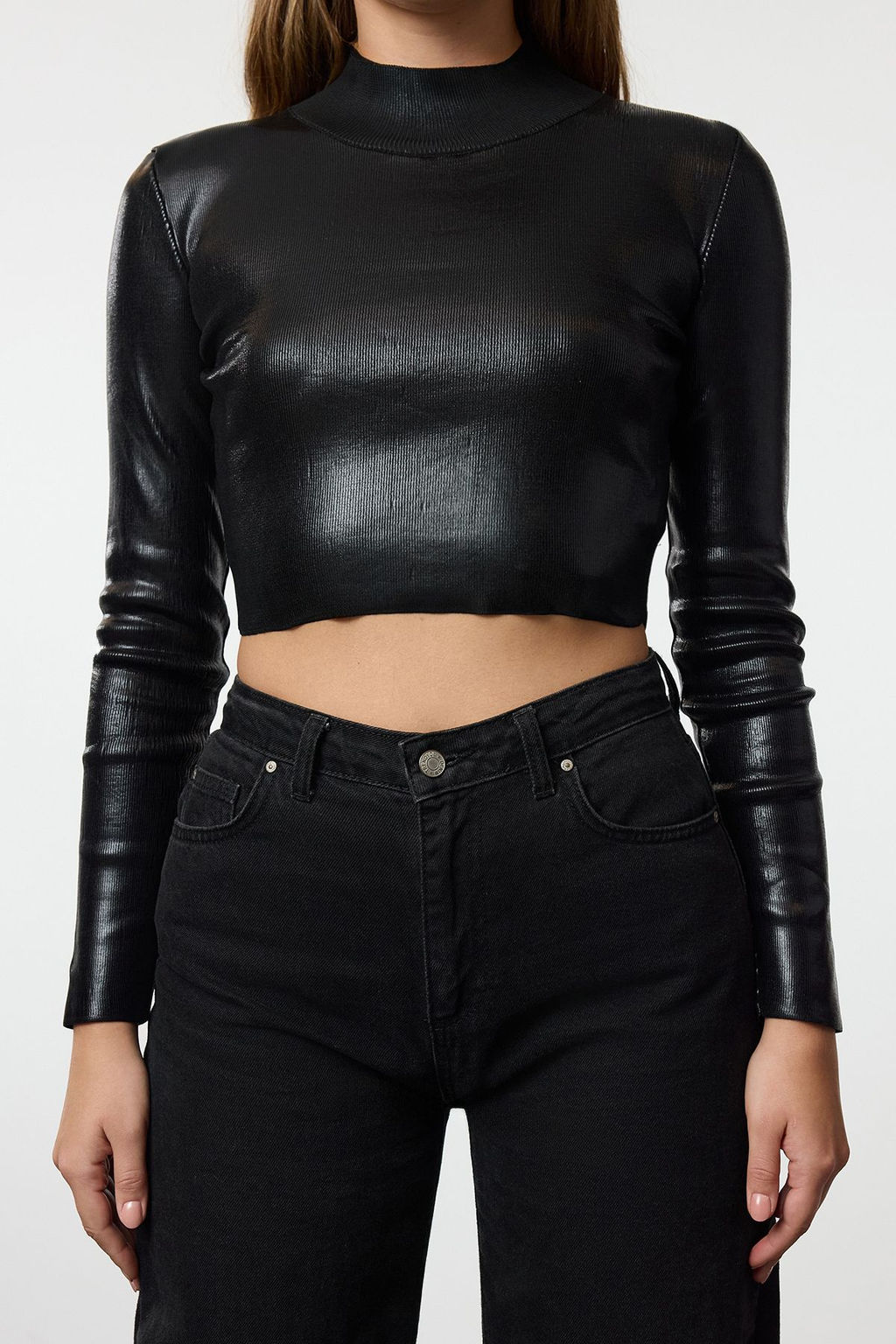 Siyah Crop Basic Varak Bask?l? Triko Kazak TWOAW25KZ00156 - Trendyolmilla фото 4