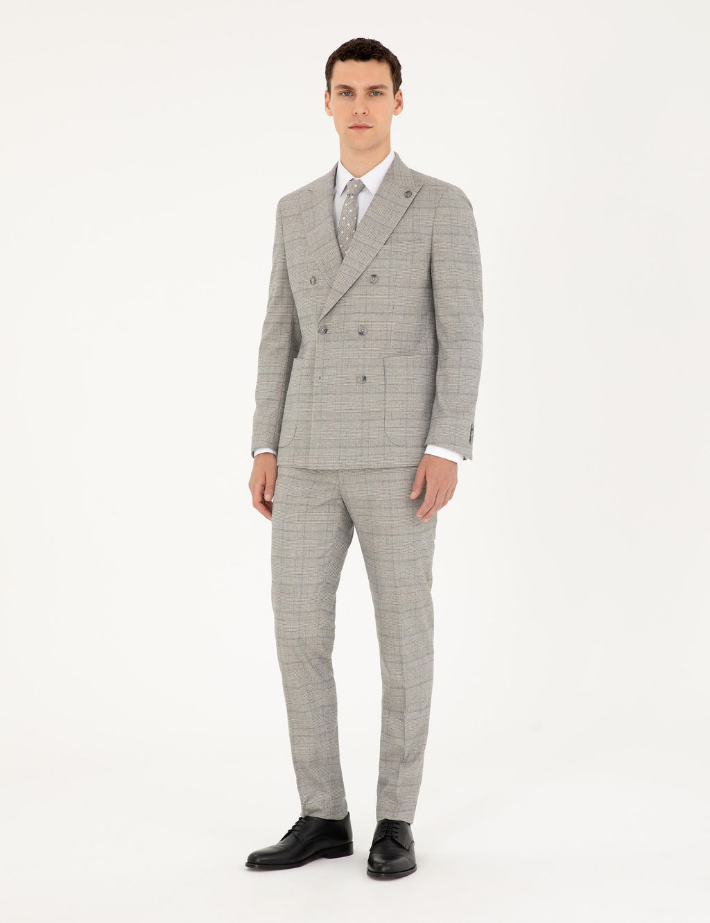 Gri Ex. Slim Fit Ekose Kruvaze Tak_m Elbise