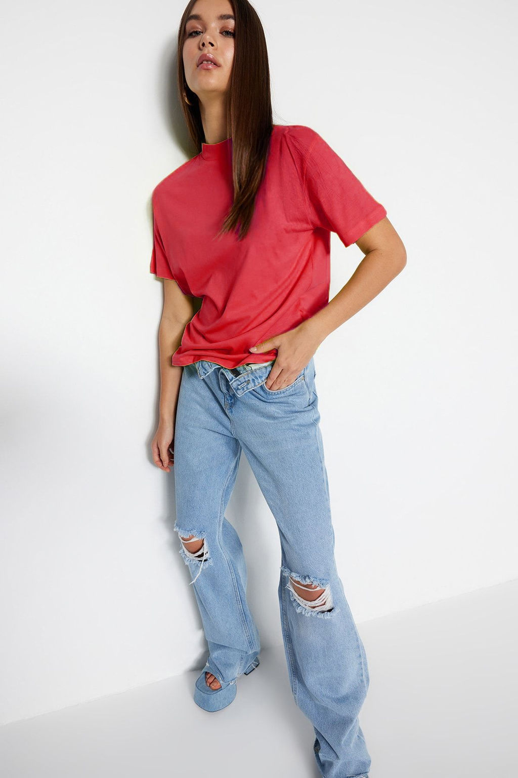 K?rm?z? %100 Pamuk Basic Regular/Normal Kal?p Dik Yaka Orme T-Shirt TWOAW20TS0096