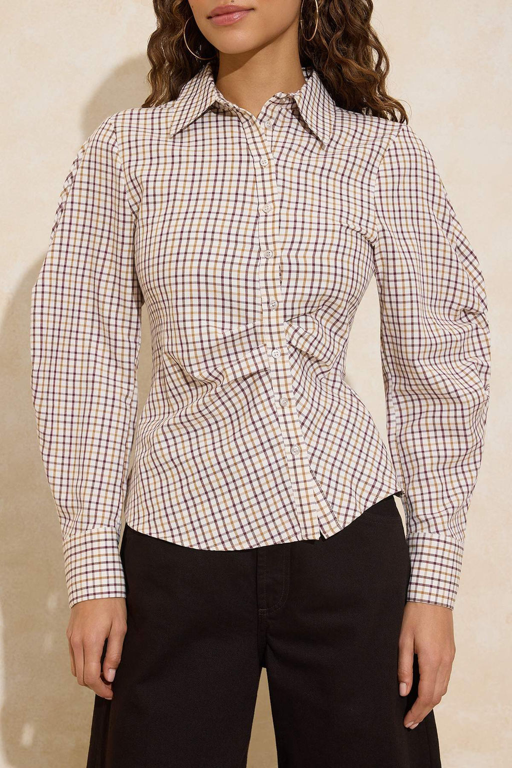 Cok Renkli Balon Kol Detayl? Bele Oturan Asimetrik Kapama Dokuma Gomlek TWOSS26GO00068 - Trendyolmilla фото 3