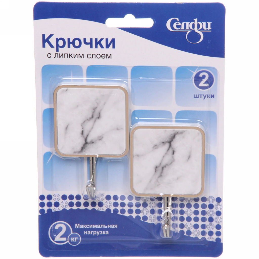 Цена за 5 шт. Крючки в наборе 2шт на липком слое "ИДЕЯДОМА", форма квадрат, принт мрамор, нагрузка 2кг