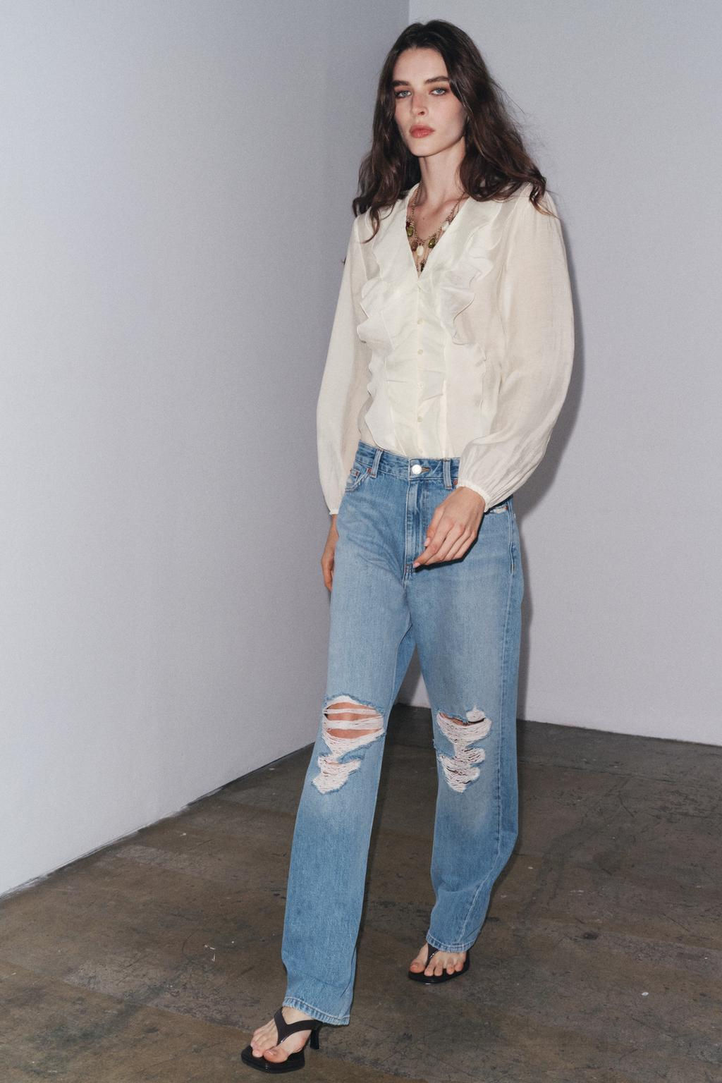 ZW COLLECTION RIPPED MID-WAIST STRAIGHT-LEG JEANS